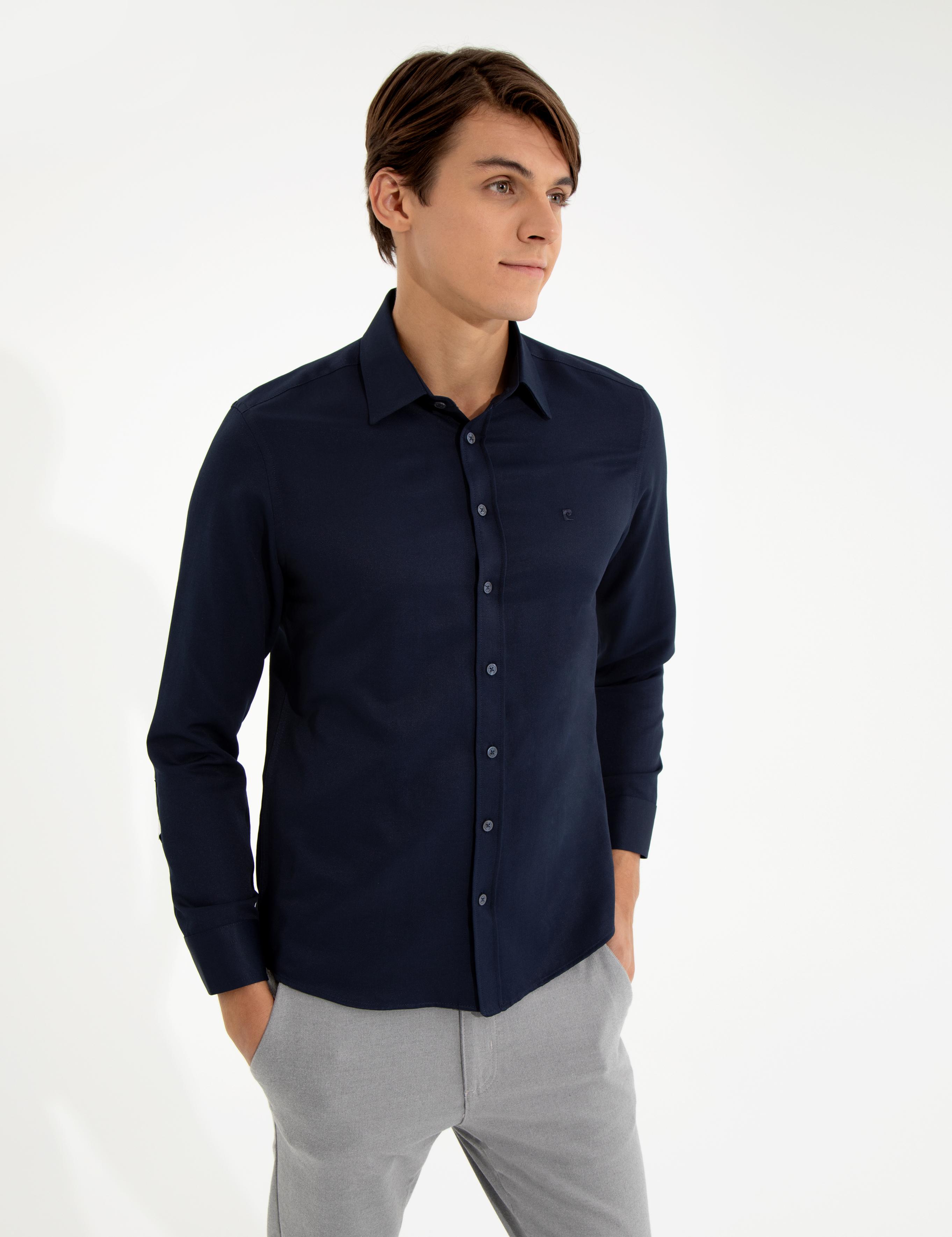 Lacivert Slim Fit Armürlü Klasik Gömlek