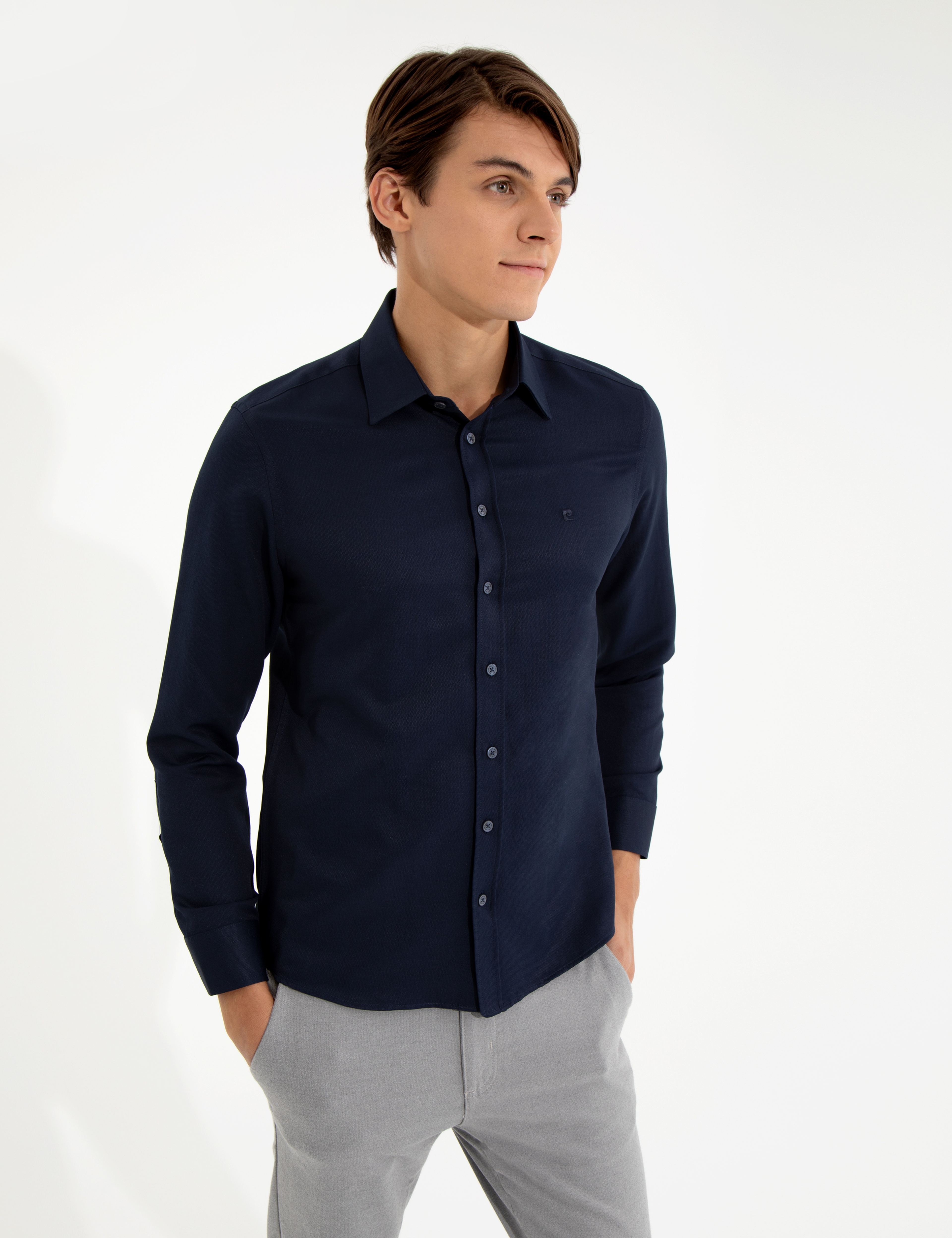 Lacivert Slim Fit Armürlü Klasik Gömlek - Image 1