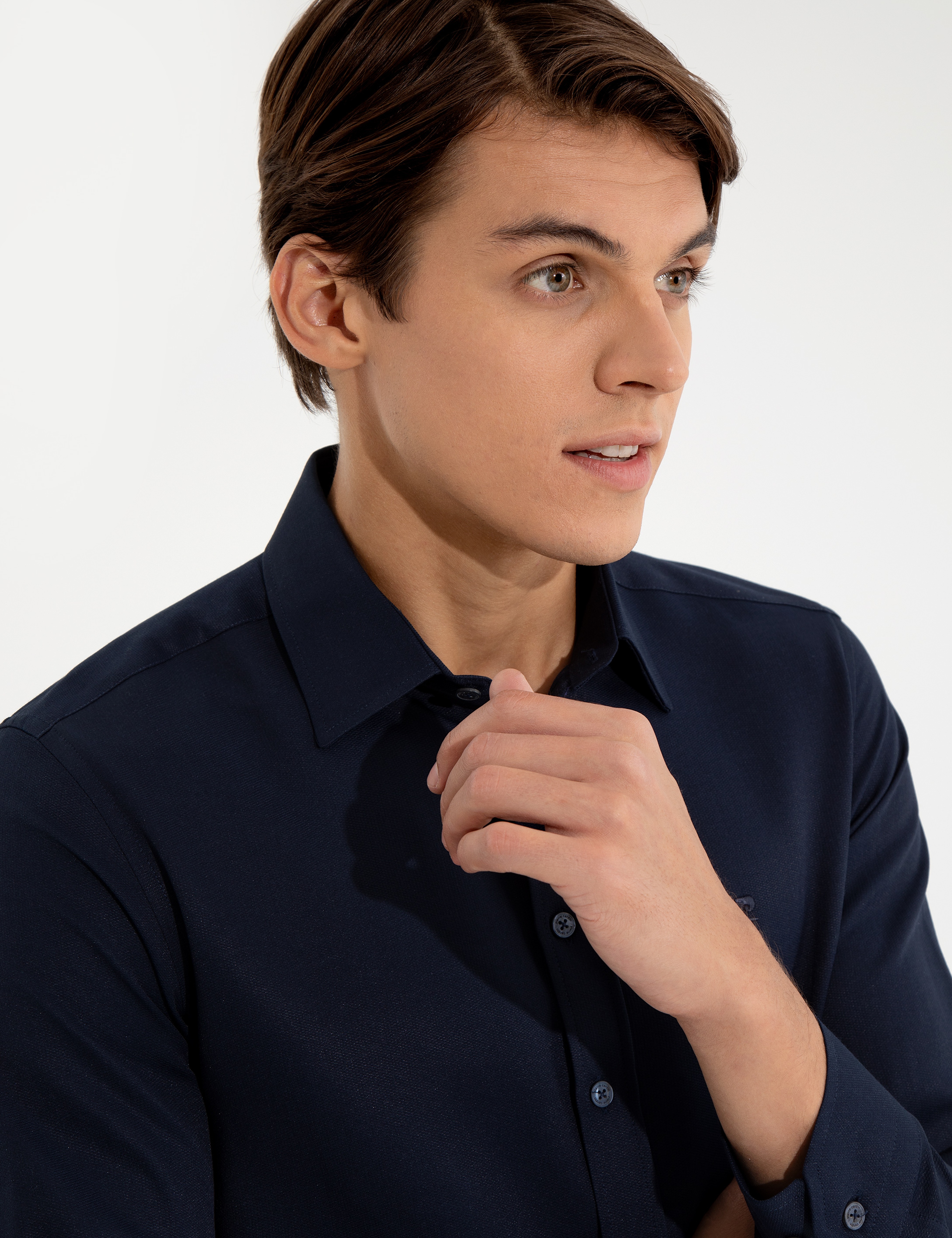 Lacivert Slim Fit Armürlü Klasik Gömlek - Image 2