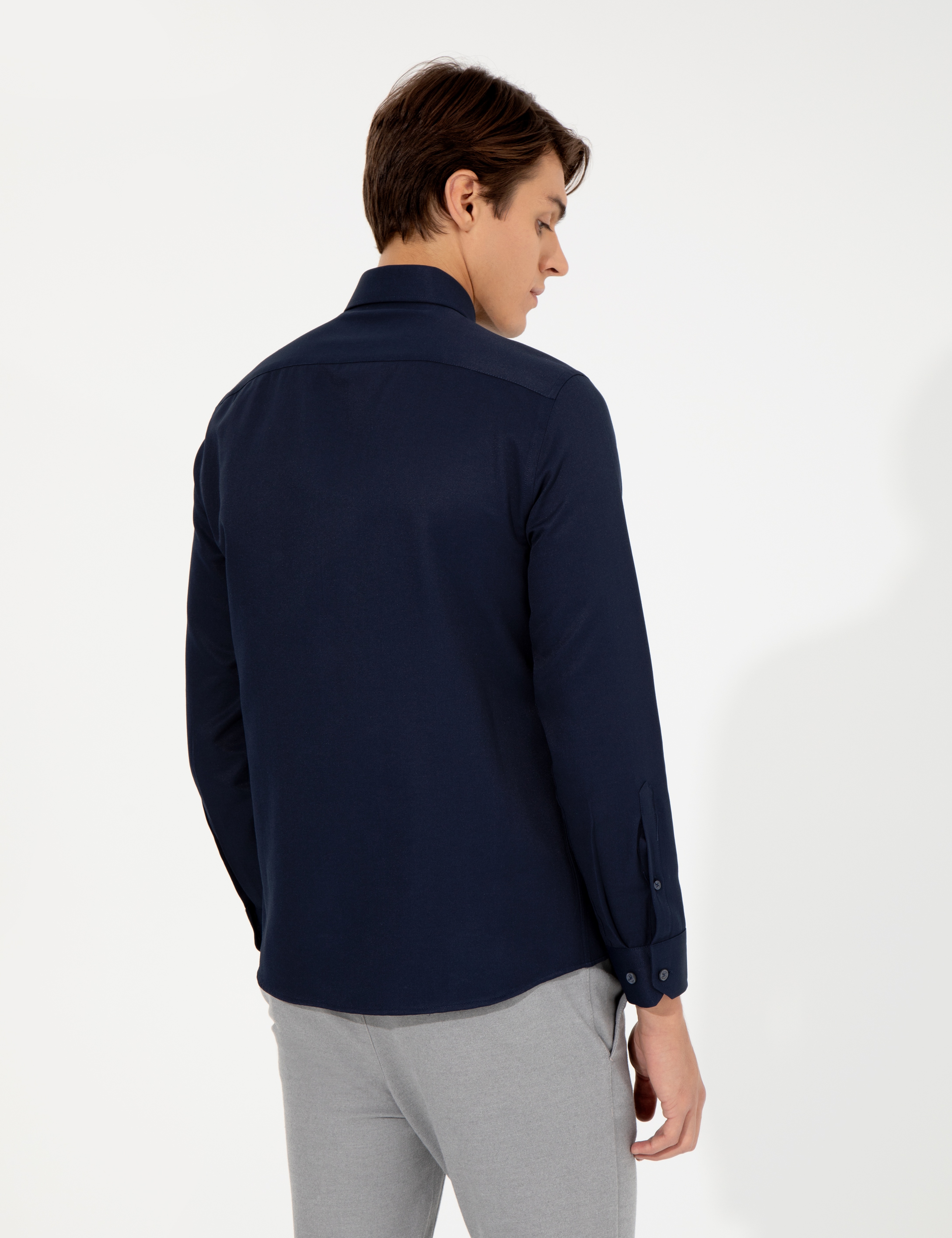 Lacivert Slim Fit Armürlü Klasik Gömlek - Image 5