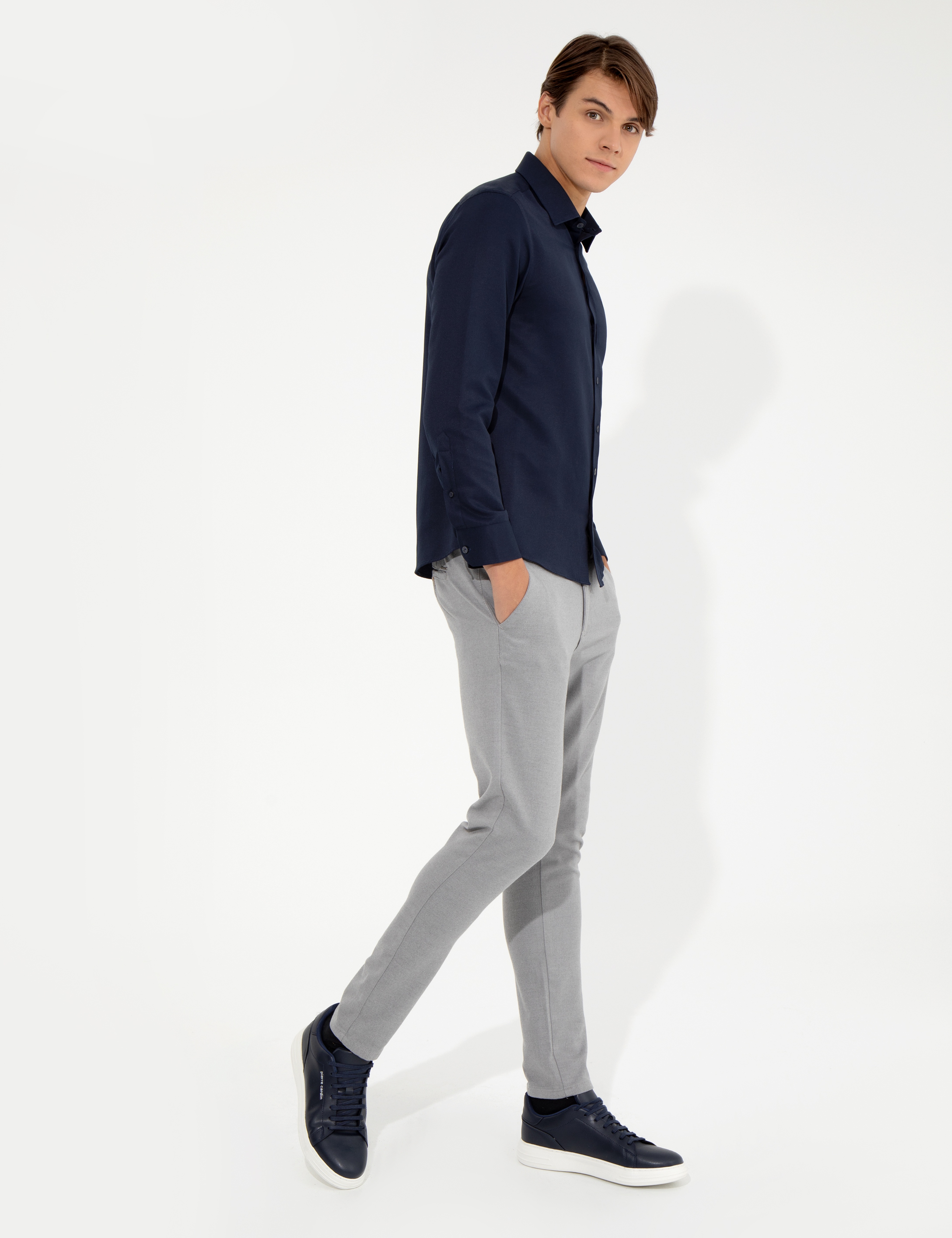 Lacivert Slim Fit Armürlü Klasik Gömlek - Image 4