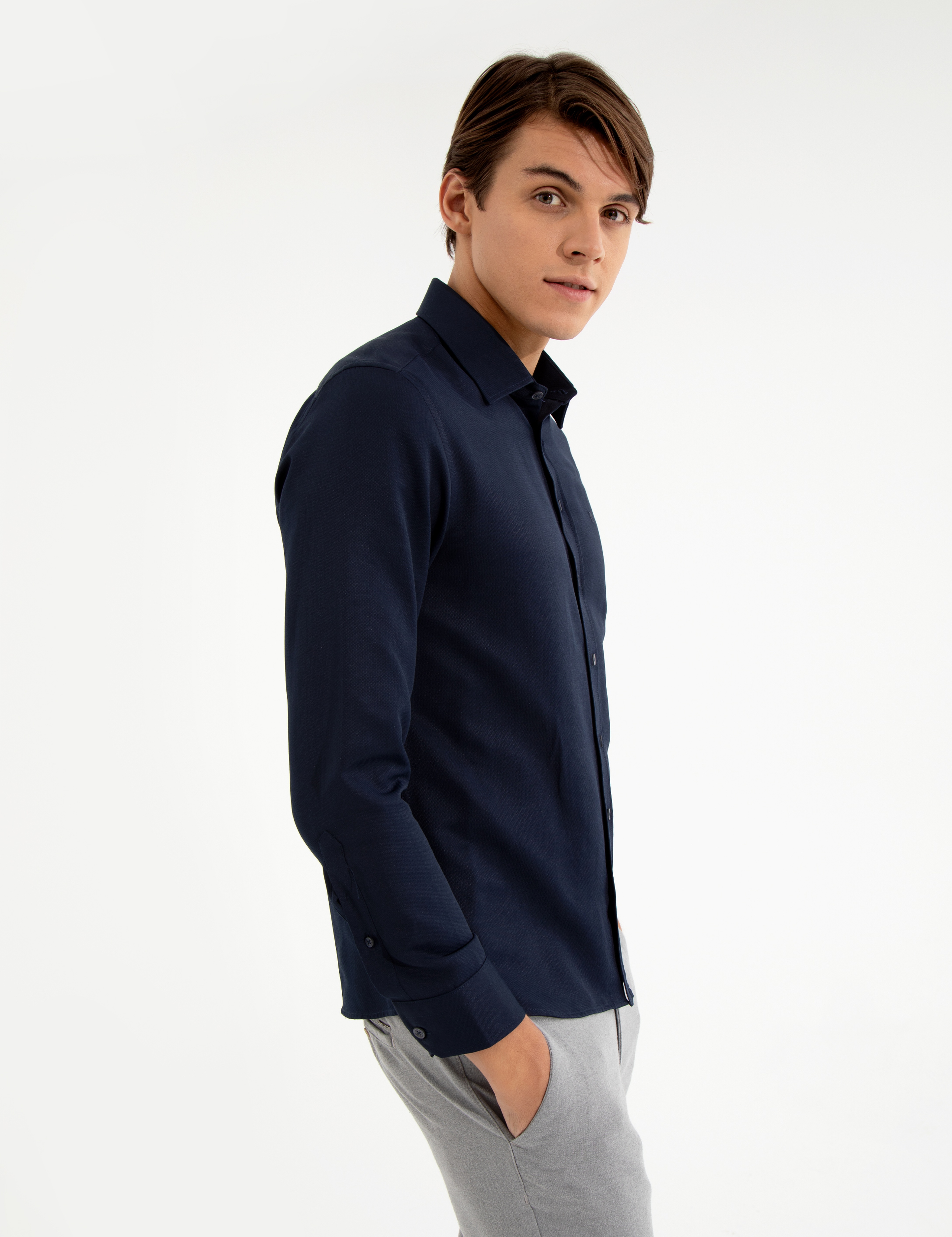 Lacivert Slim Fit Armürlü Klasik Gömlek - Image 3