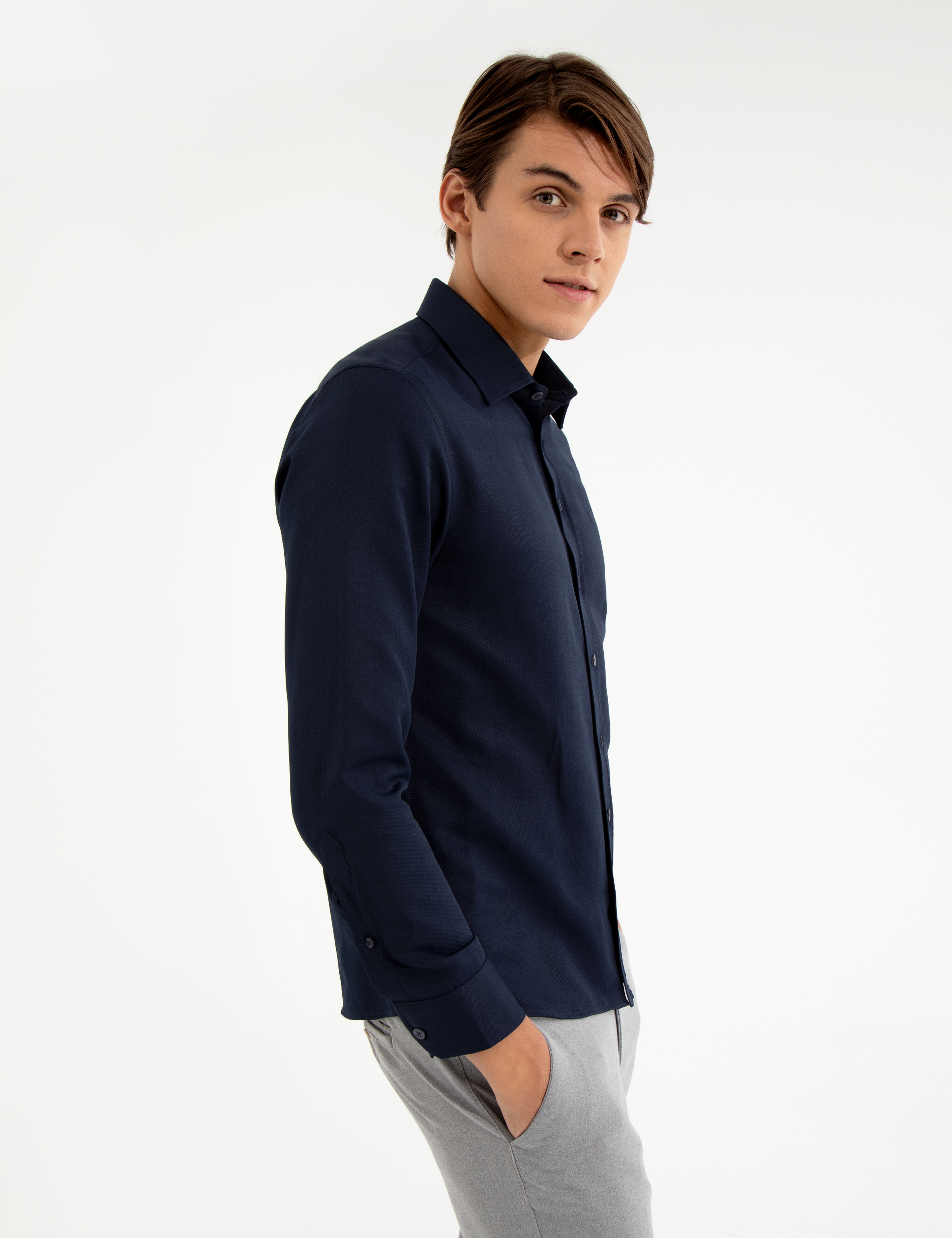 Lacivert Slim Fit Armürlü Klasik Gömlek