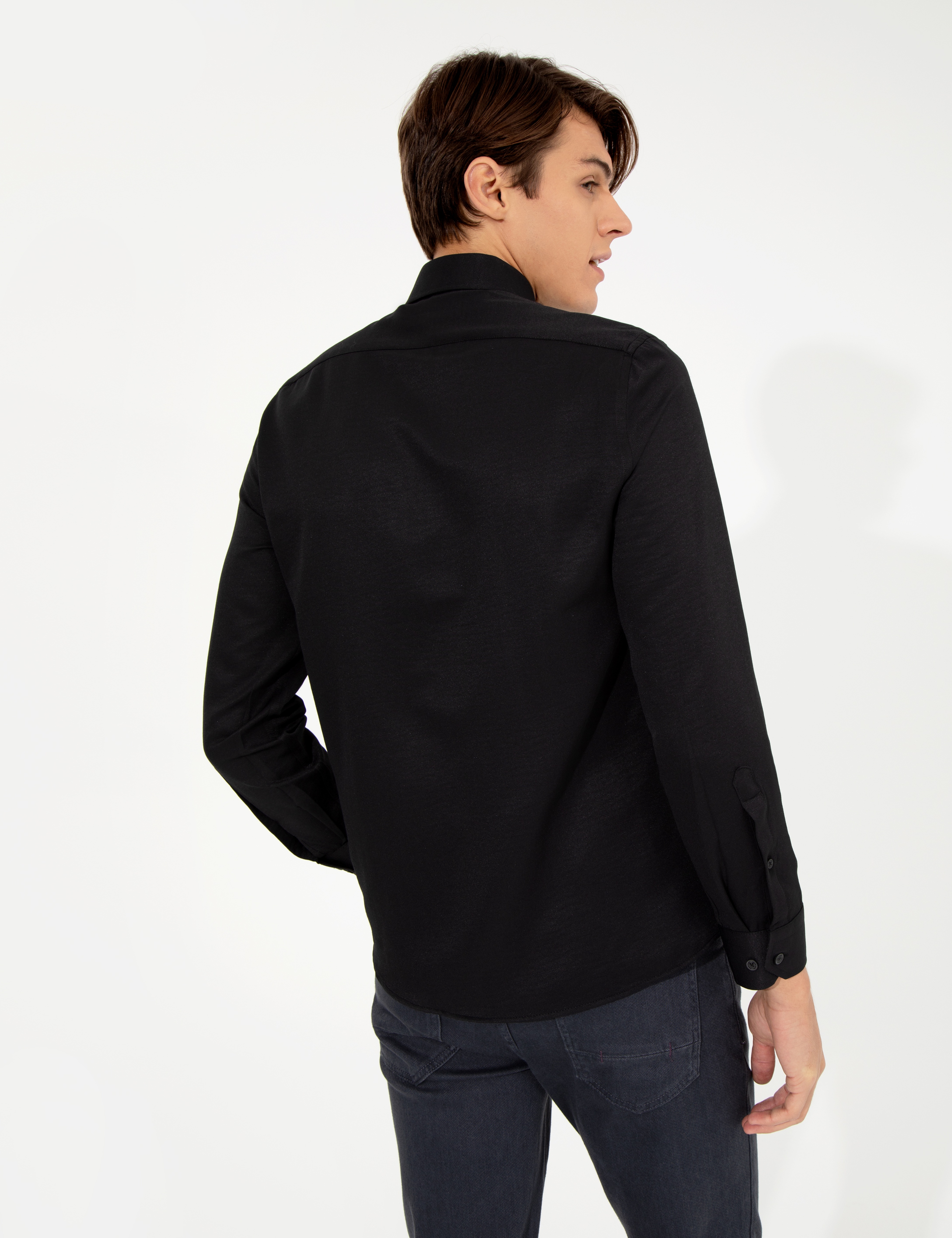Siyah Slim Fit Armürlü Klasik Gömlek - Image 3