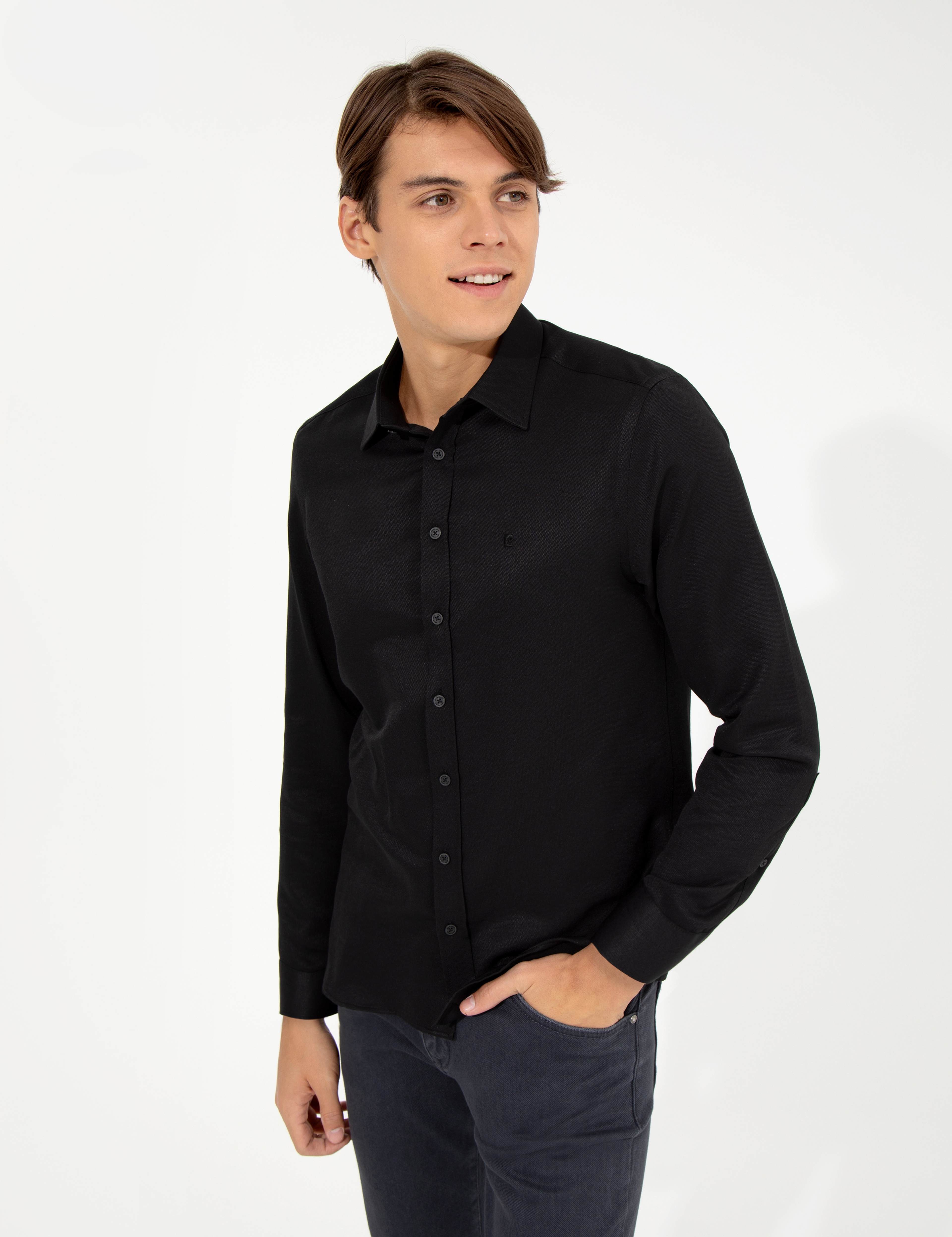 Siyah Slim Fit Armürlü Klasik Gömlek - Image 2
