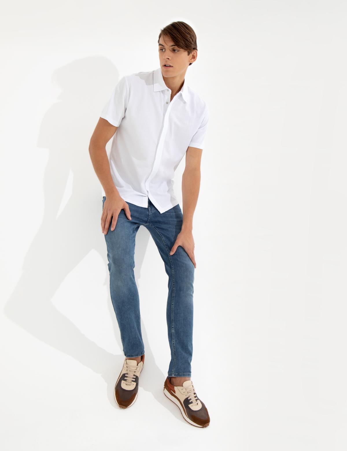 Beyaz Slim Fit Gömlek Yaka Tişört - 50251751005