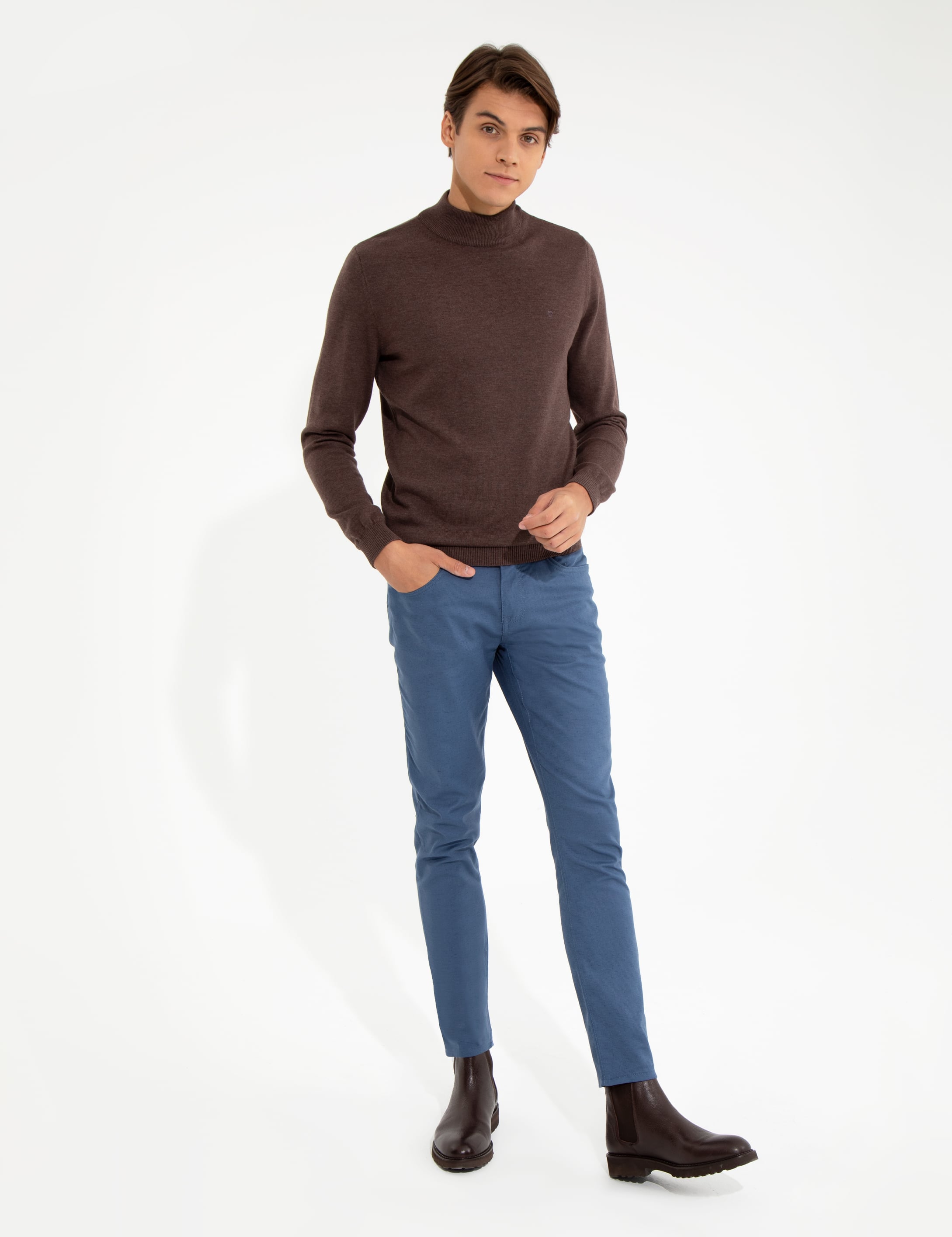Açık Kahverengi Slim Fit Yarım Balıkçı Yaka Basic Triko Kazak - Image 4