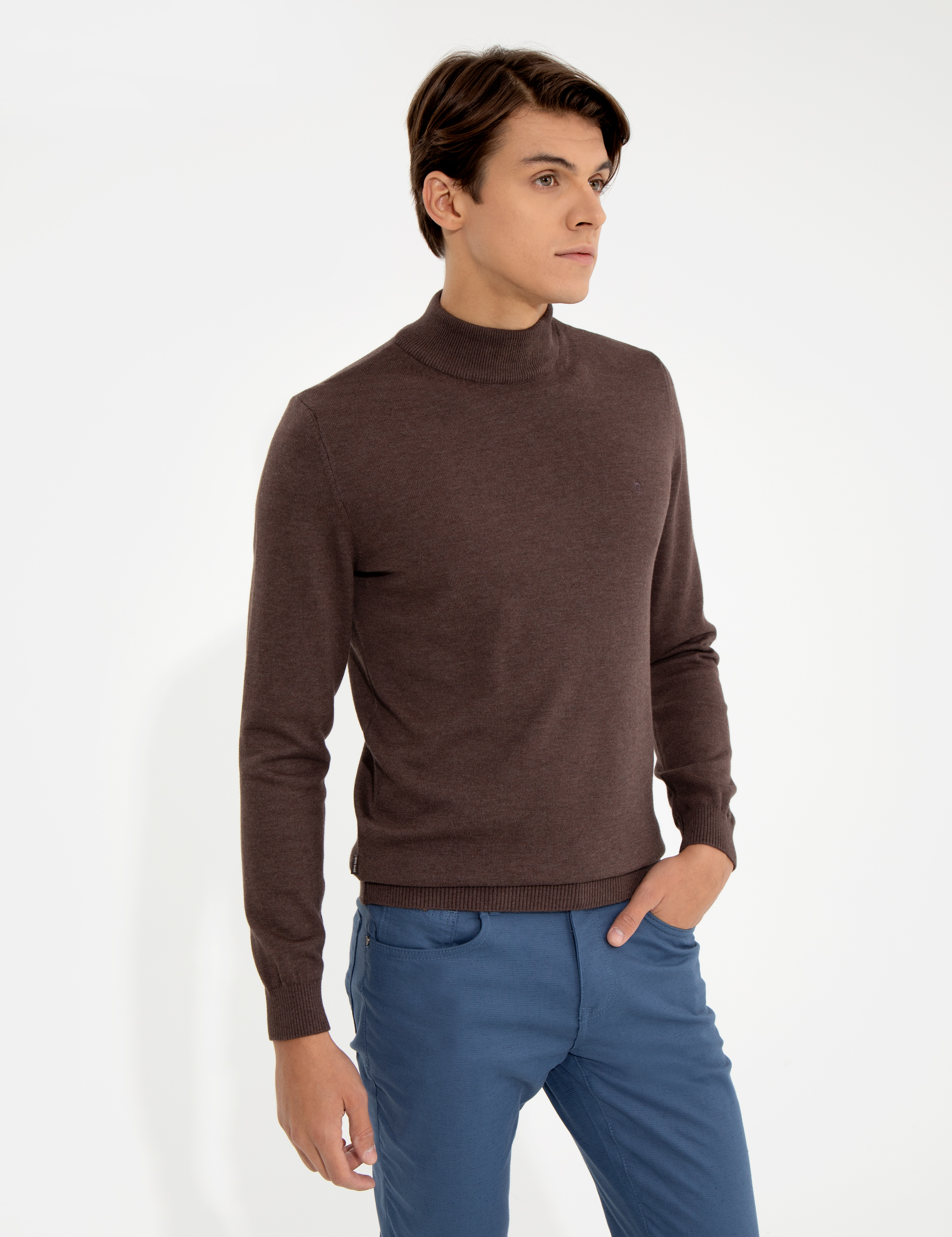 Pierre Cardin Açık Kahverengi Slim Fit Yarım Balıkçı Yaka Basic Triko Kazak görsel 3