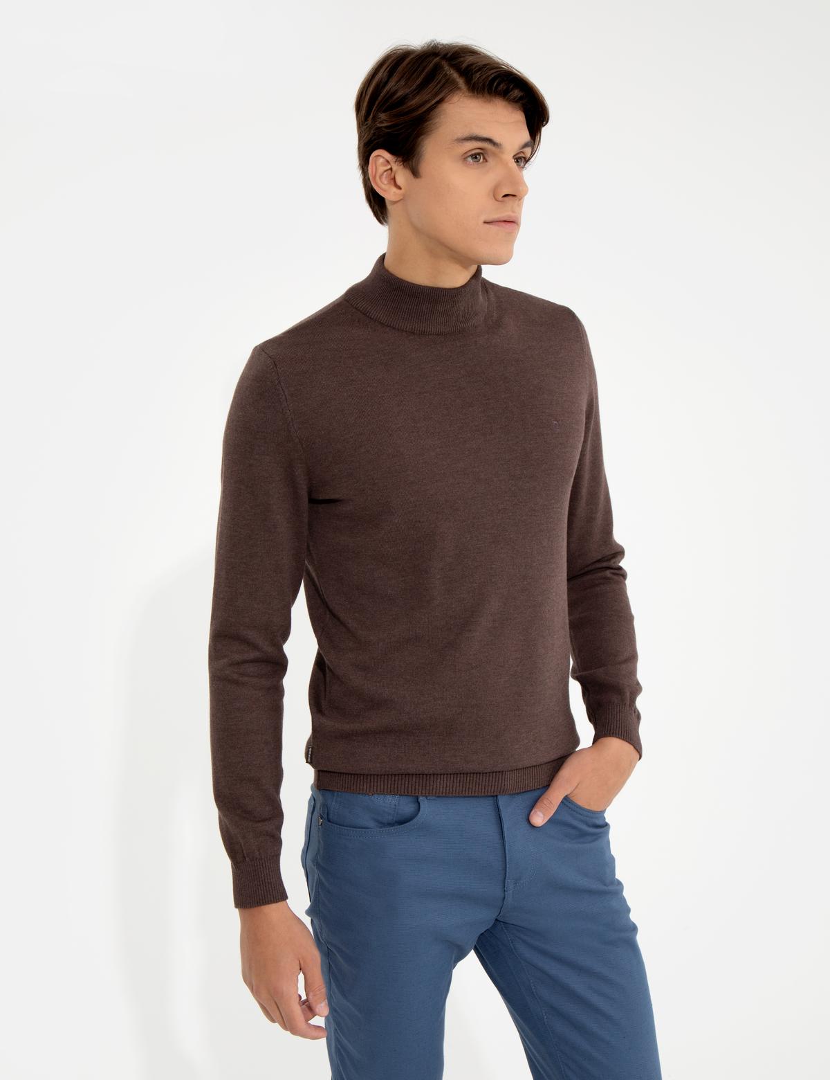 Açık Kahverengi Slim Fit Yarım Balıkçı Yaka Basic Triko Kazak - 50256965099