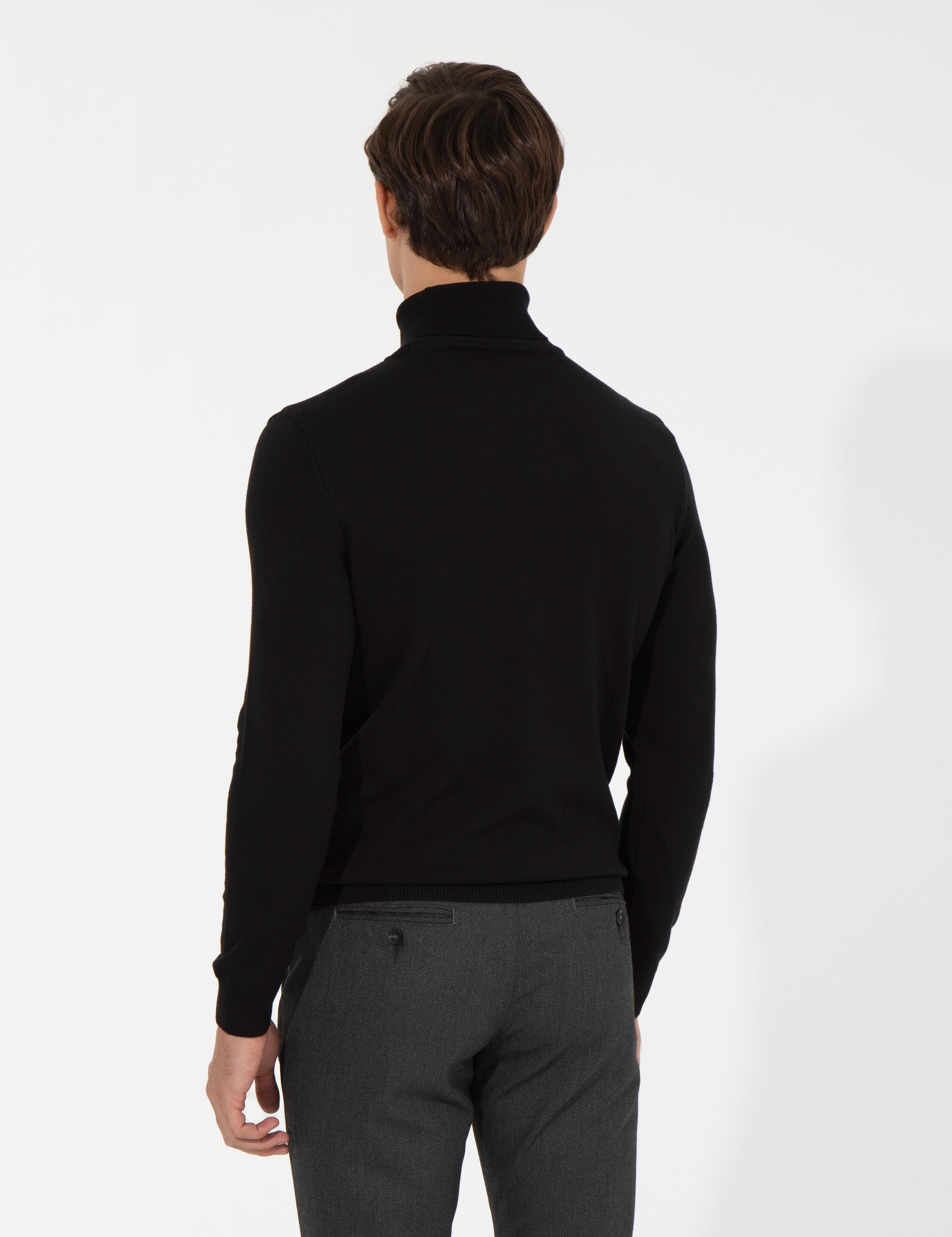 Siyah Slim Fit Balıkçı Yaka Basic Triko Kazak