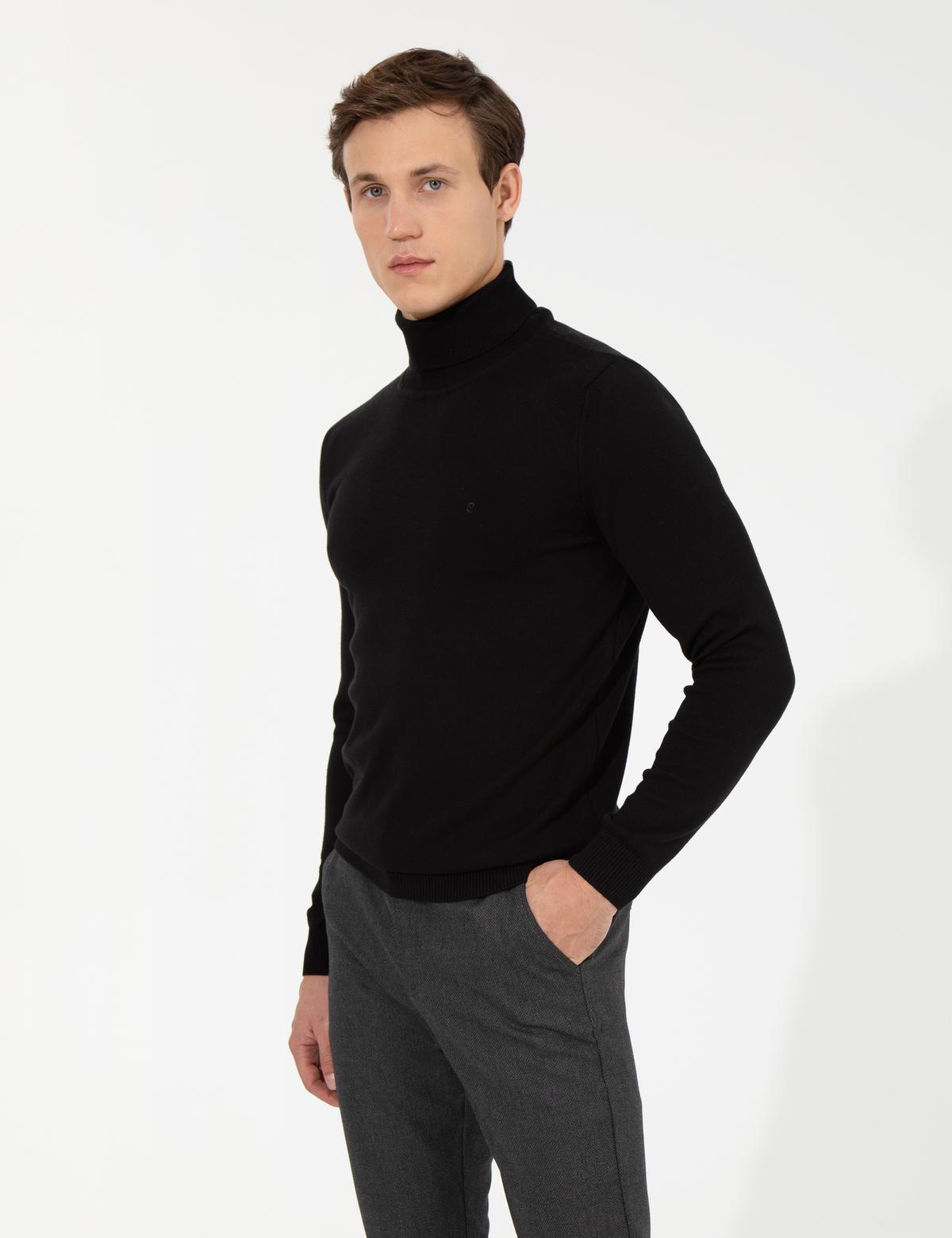 Siyah Slim Fit Balıkçı Yaka Basic Triko Kazak