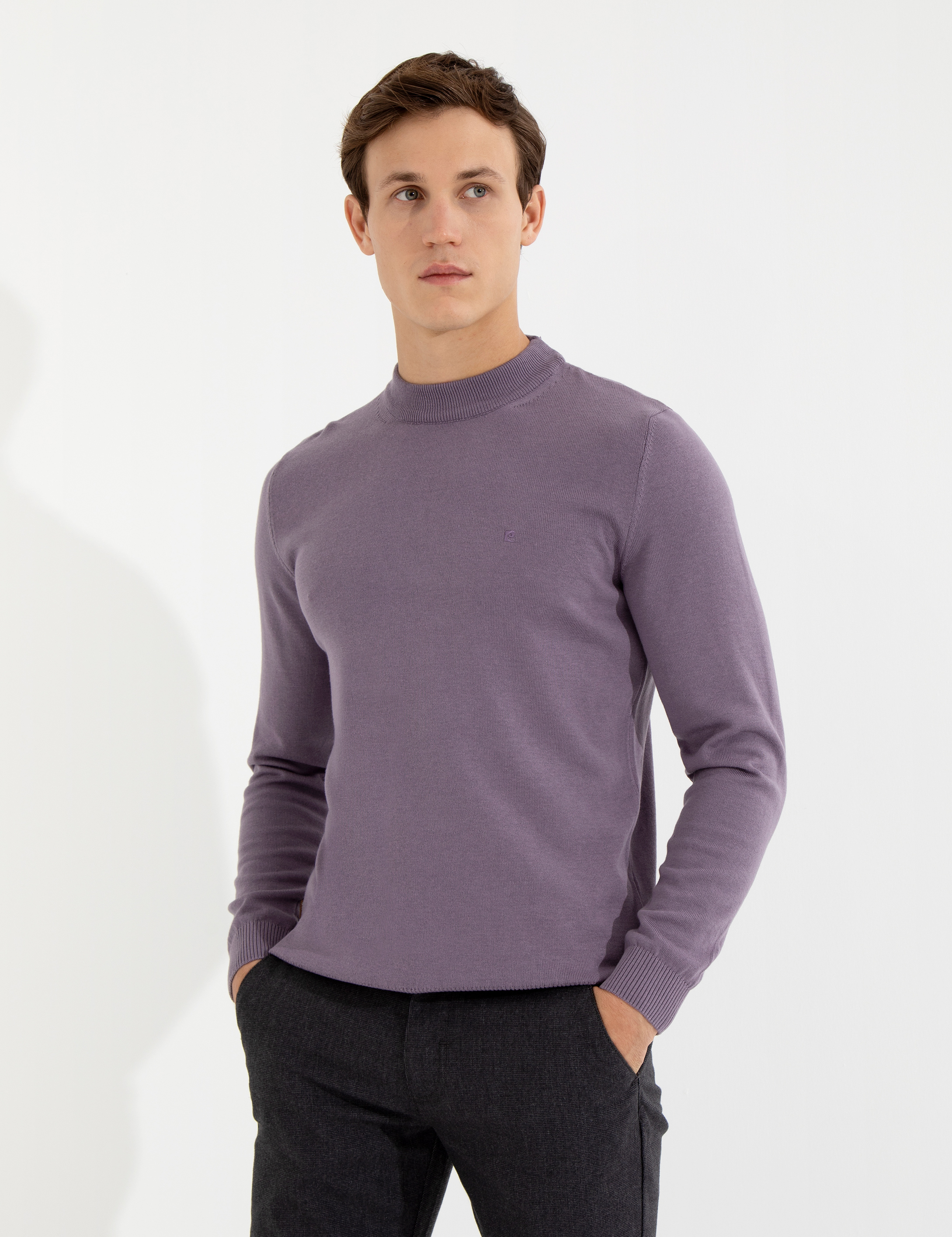 Lila Slim Fit Çeyrek Yaka Basic Triko Kazak