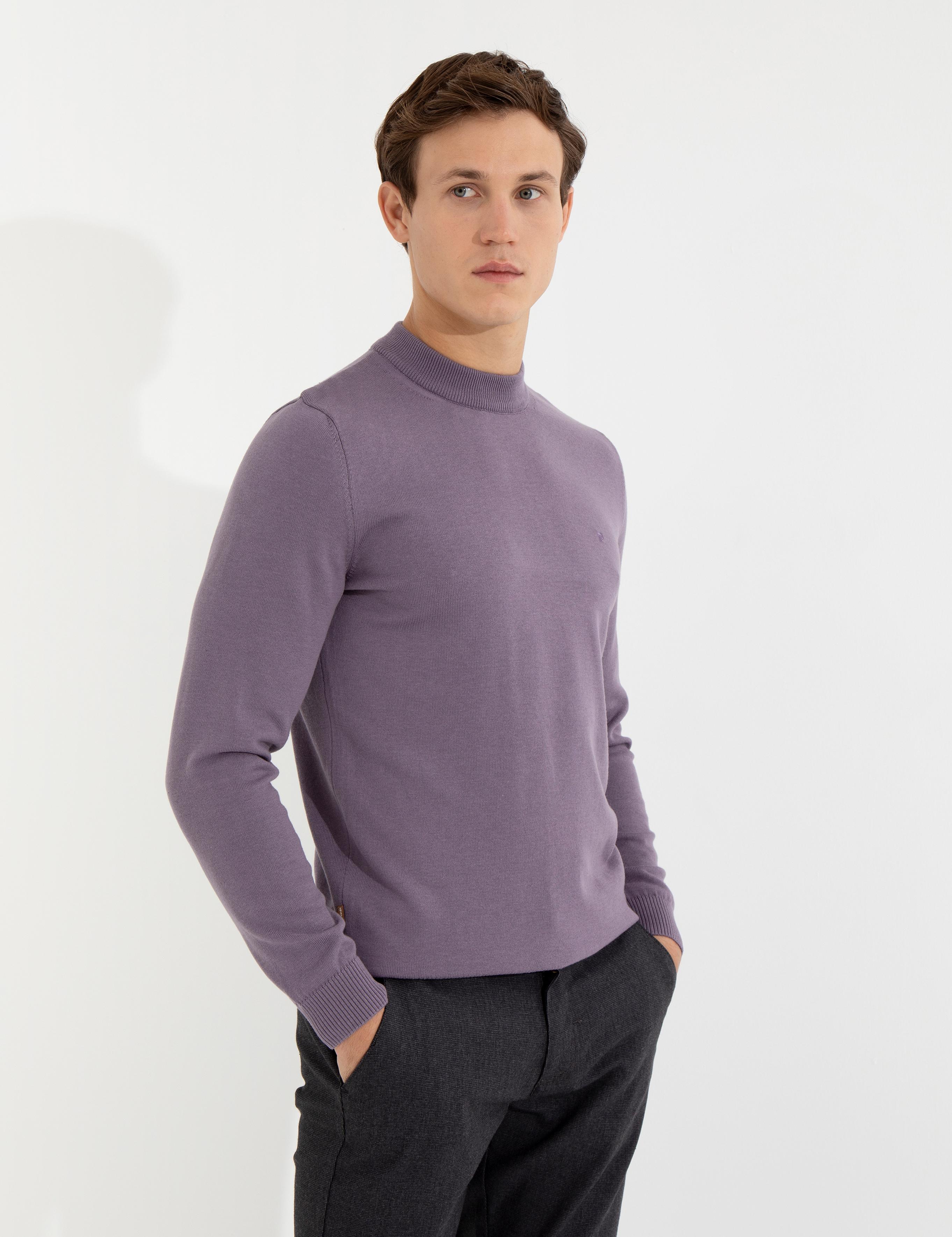 Lila Slim Fit Çeyrek Yaka Basic Triko Kazak