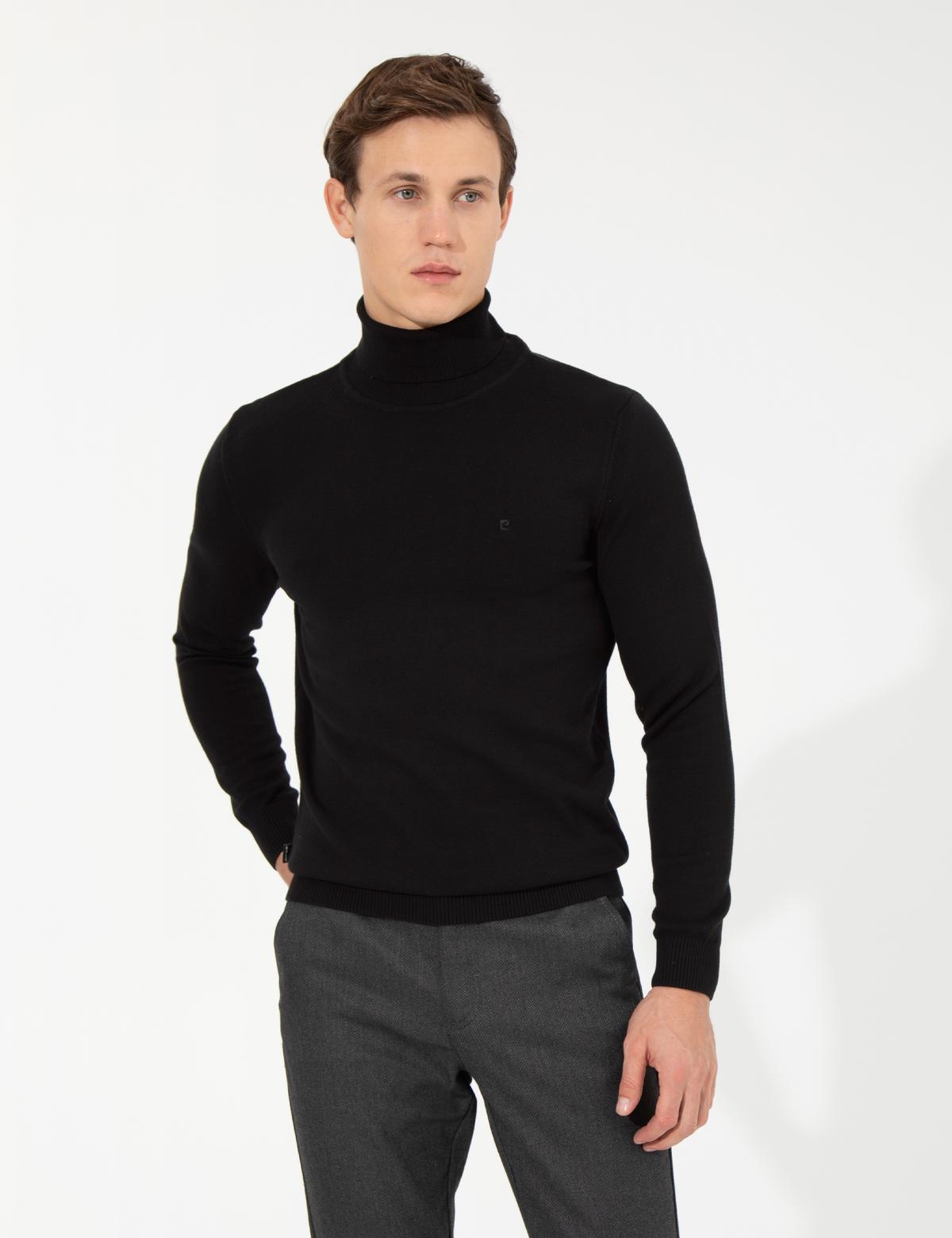 Siyah Slim Fit Balıkçı Yaka Basic Triko Kazak - 50257158023