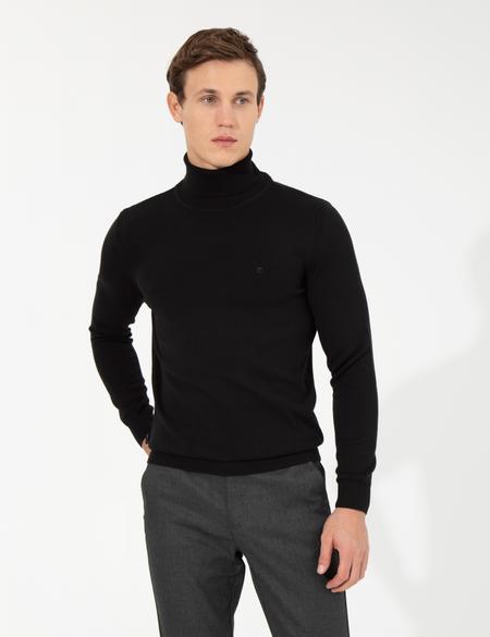 Siyah Slim Fit Balıkçı Yaka Basic Triko Kazak - 50257158023