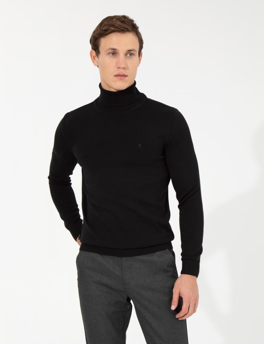 Siyah Slim Fit Balıkçı Yaka Basic Triko Kazak