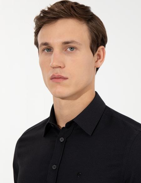 Siyah Slim Fit Armürlü Uzun Kollu Gömlek - 50260297035