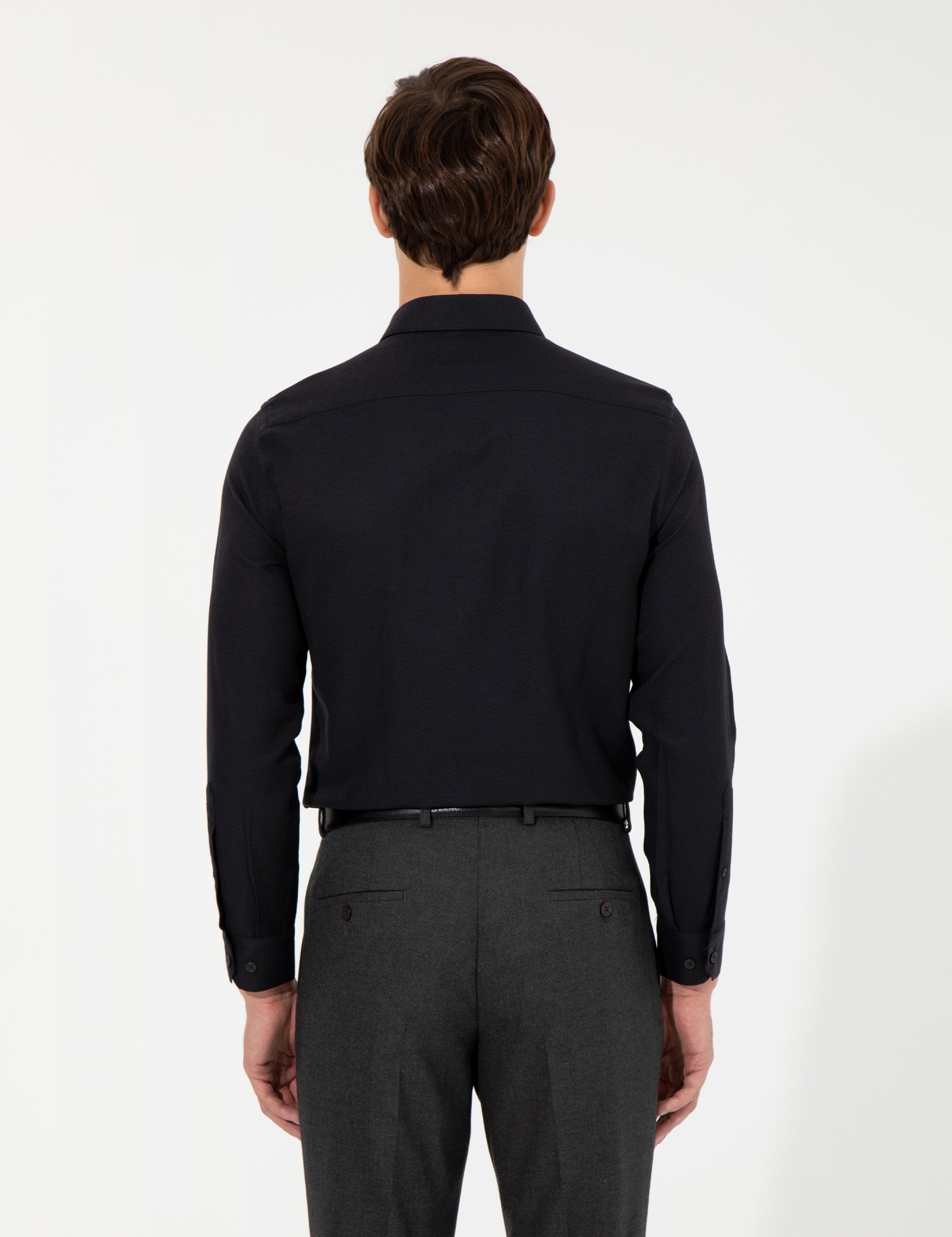 Siyah Slim Fit Armürlü Uzun Kollu Gömlek