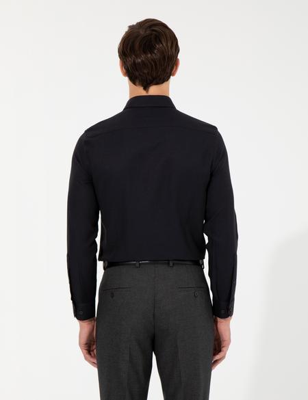 Siyah Slim Fit Armürlü Uzun Kollu Gömlek - 50260297035