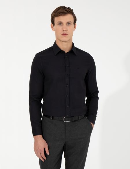 Siyah Slim Fit Armürlü Uzun Kollu Gömlek - 50260297035