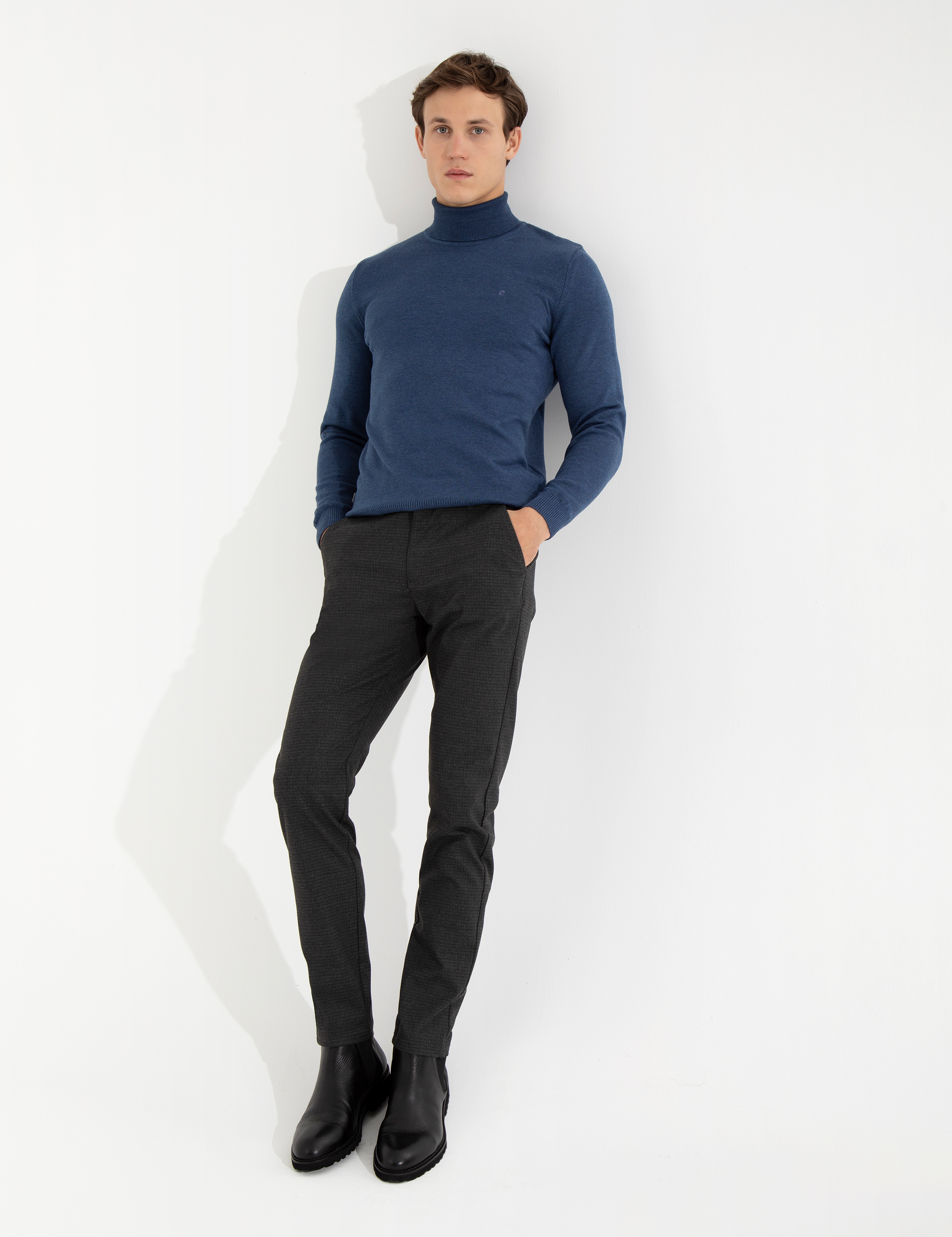 Pierre Cardin İndigo Melanj Slim Fit Balıkçı Yaka Basic Triko Kazak görsel 2