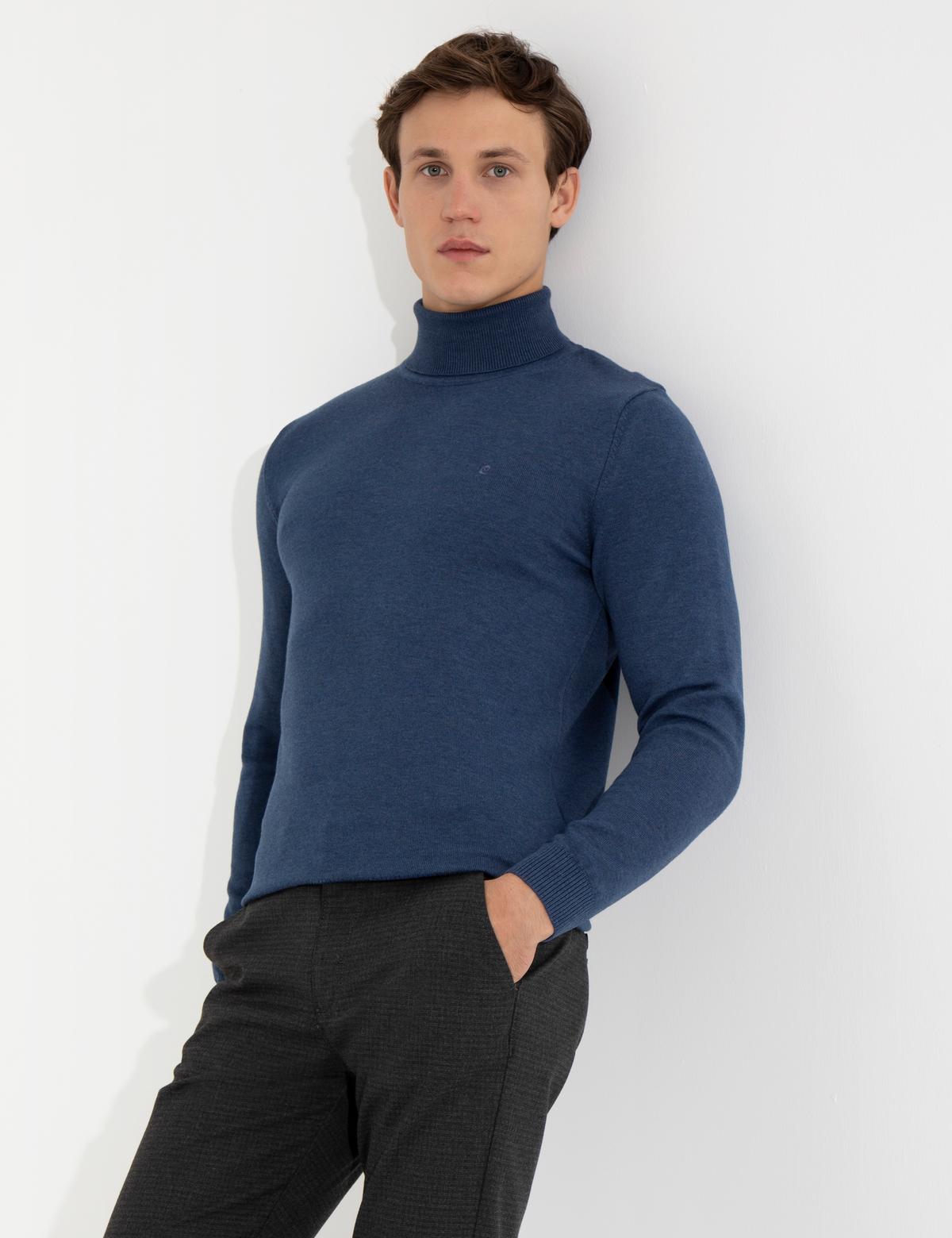 İndigo Melanj Slim Fit Balıkçı Yaka Basic Triko Kazak - 50257158061