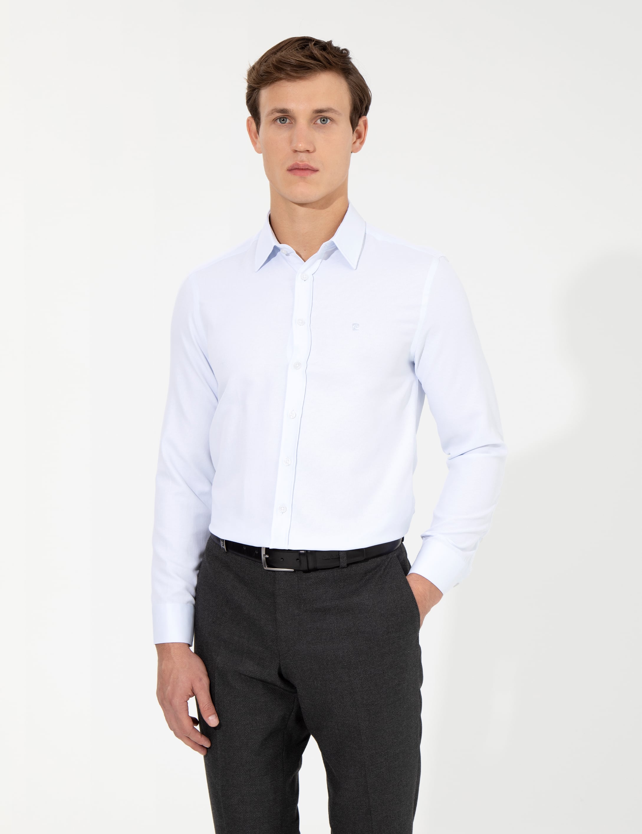 Açık Mavi Slim Fit Armürlü Klasik Gömlek