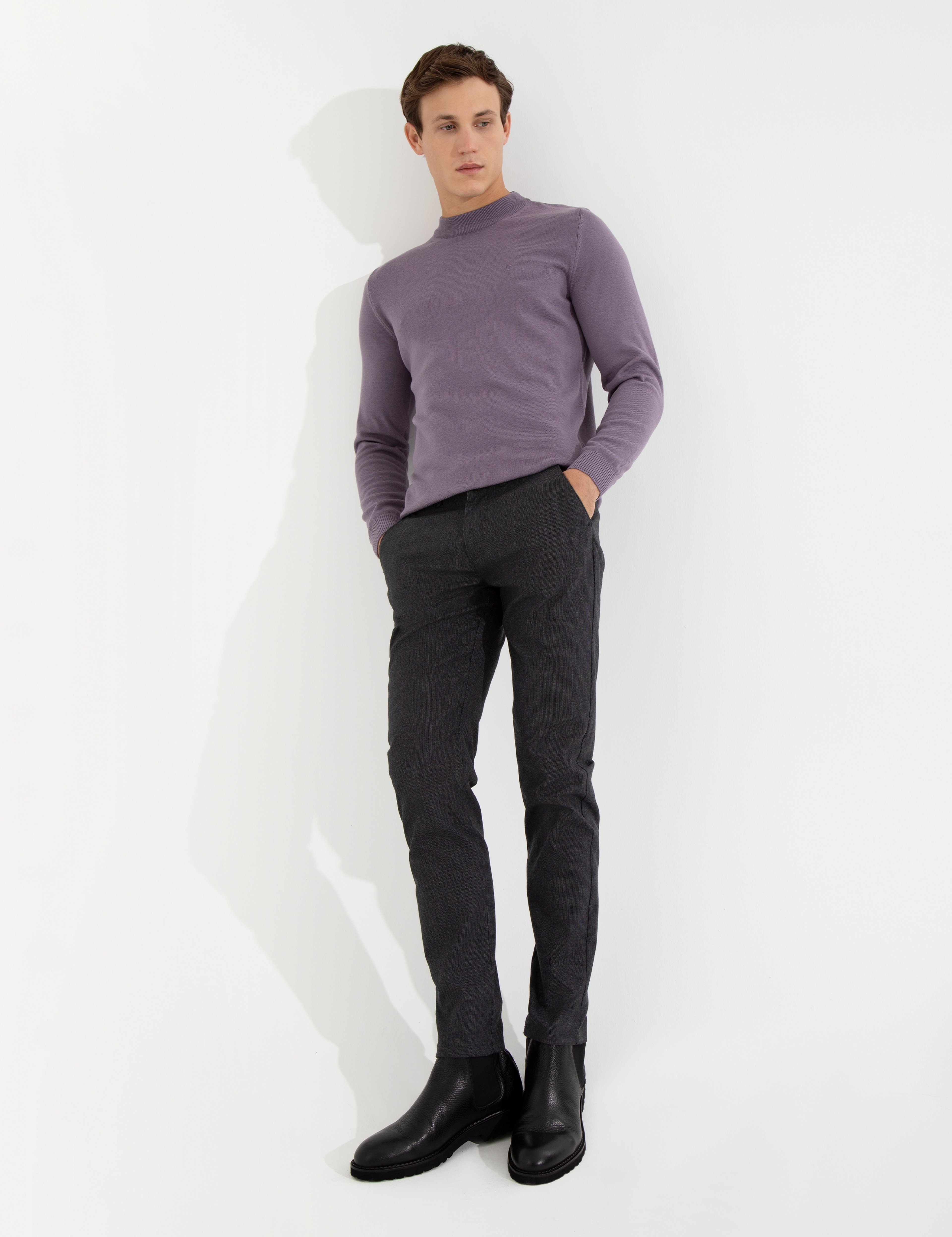 Koyu Gri Slim Fit Keten Karışımlı Kanvas Pantolon - Image 1