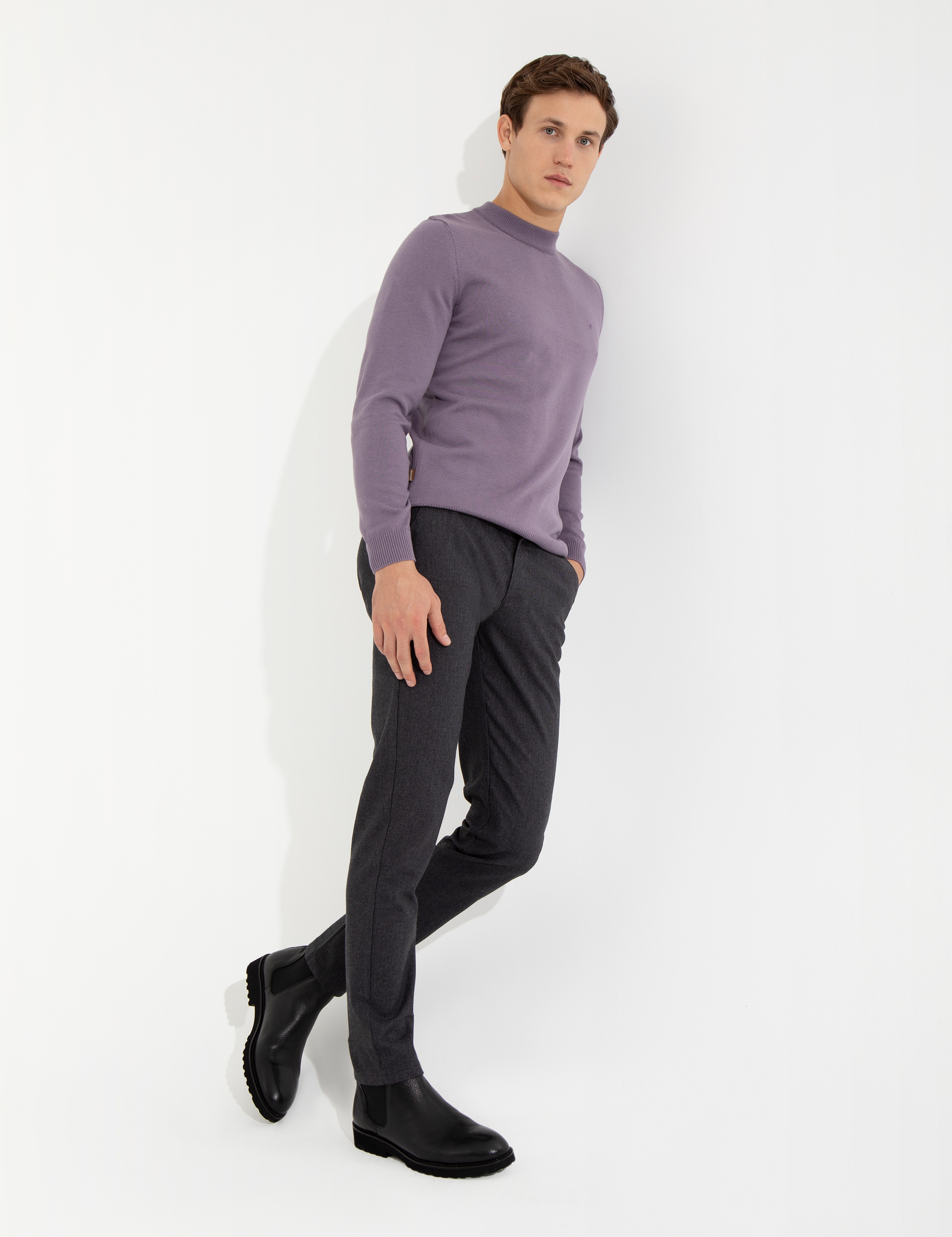 Koyu Gri Slim Fit Keten Karışımlı Kanvas Pantolon - Image 3