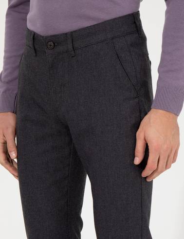 Koyu Gri Slim Fit Keten Karışımlı Kanvas Pantolon