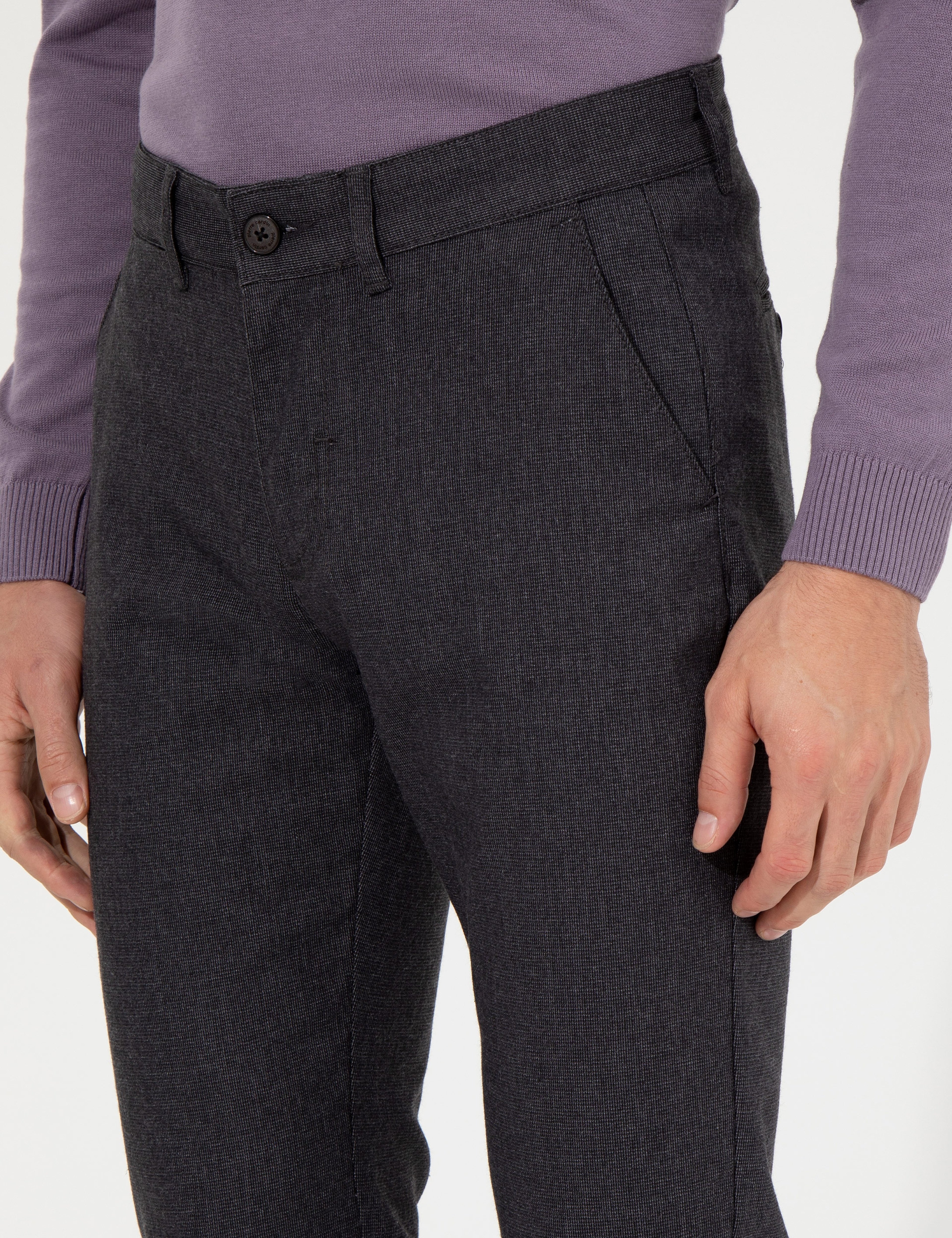 Koyu Gri Slim Fit Keten Karışımlı Kanvas Pantolon