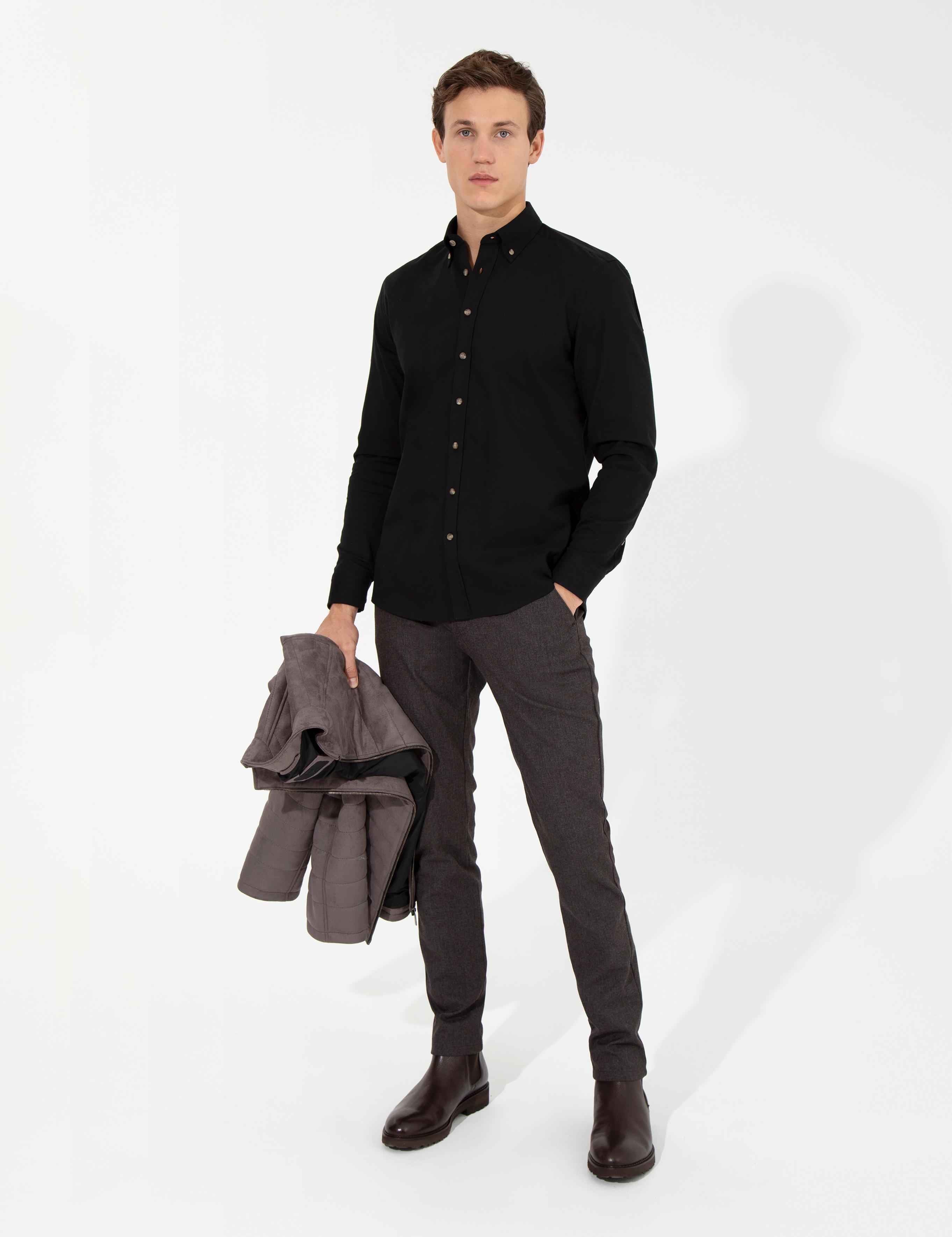 Kahverengi Slim Fit Keten Karışımlı Kanvas Pantolon