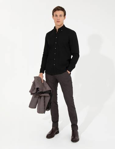 Kahverengi Slim Fit Keten Karışımlı Kanvas Pantolon