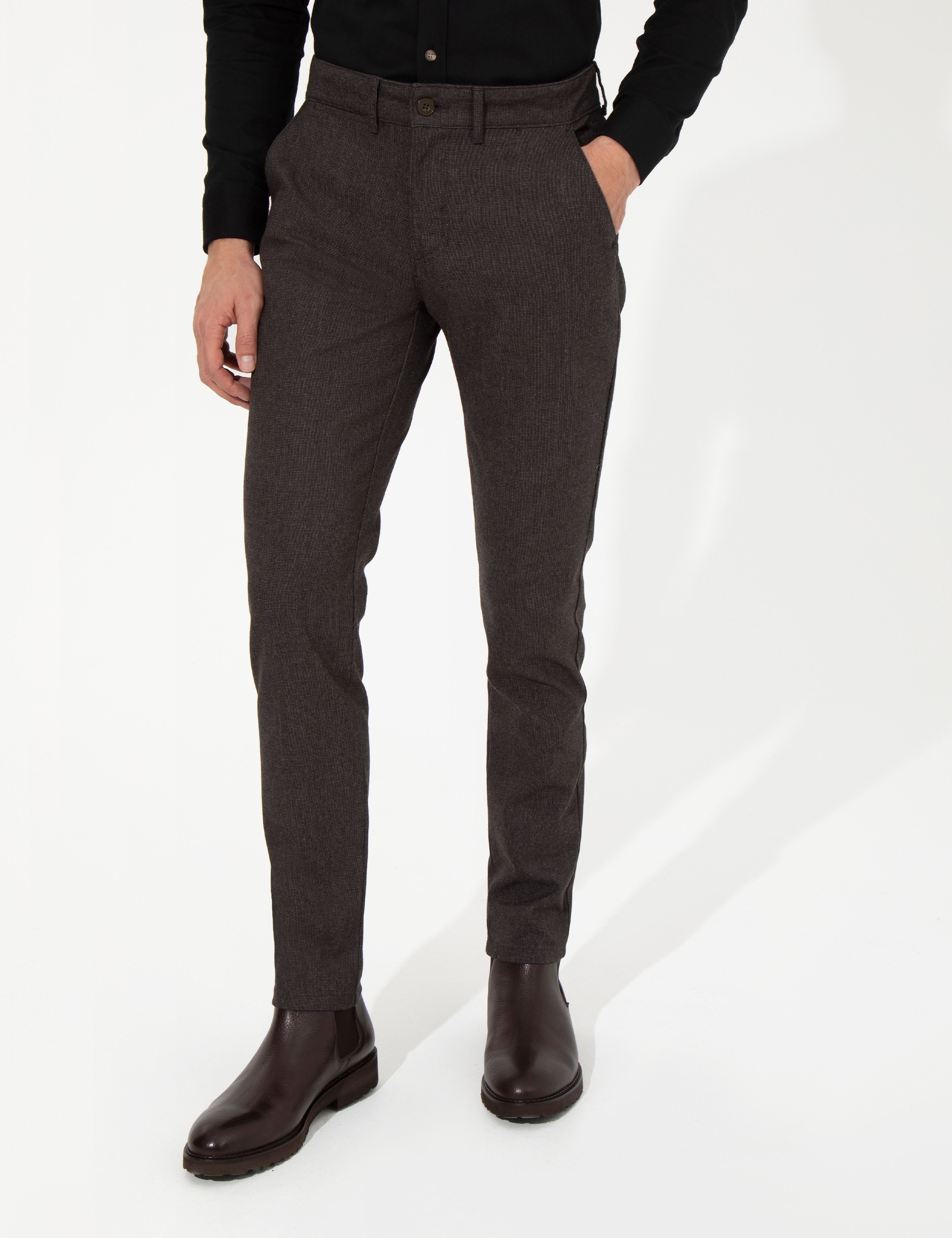 Kahverengi Slim Fit Keten Karışımlı Kanvas Pantolon