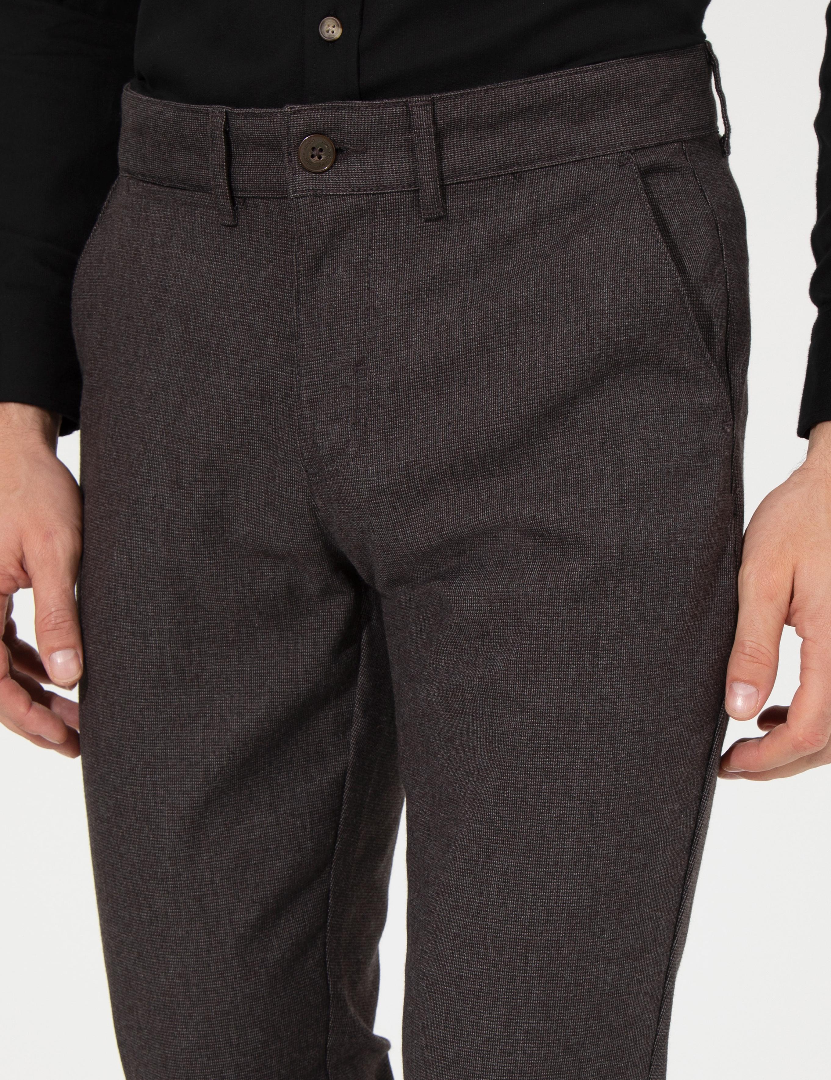 Kahverengi Slim Fit Keten Karışımlı Kanvas Pantolon