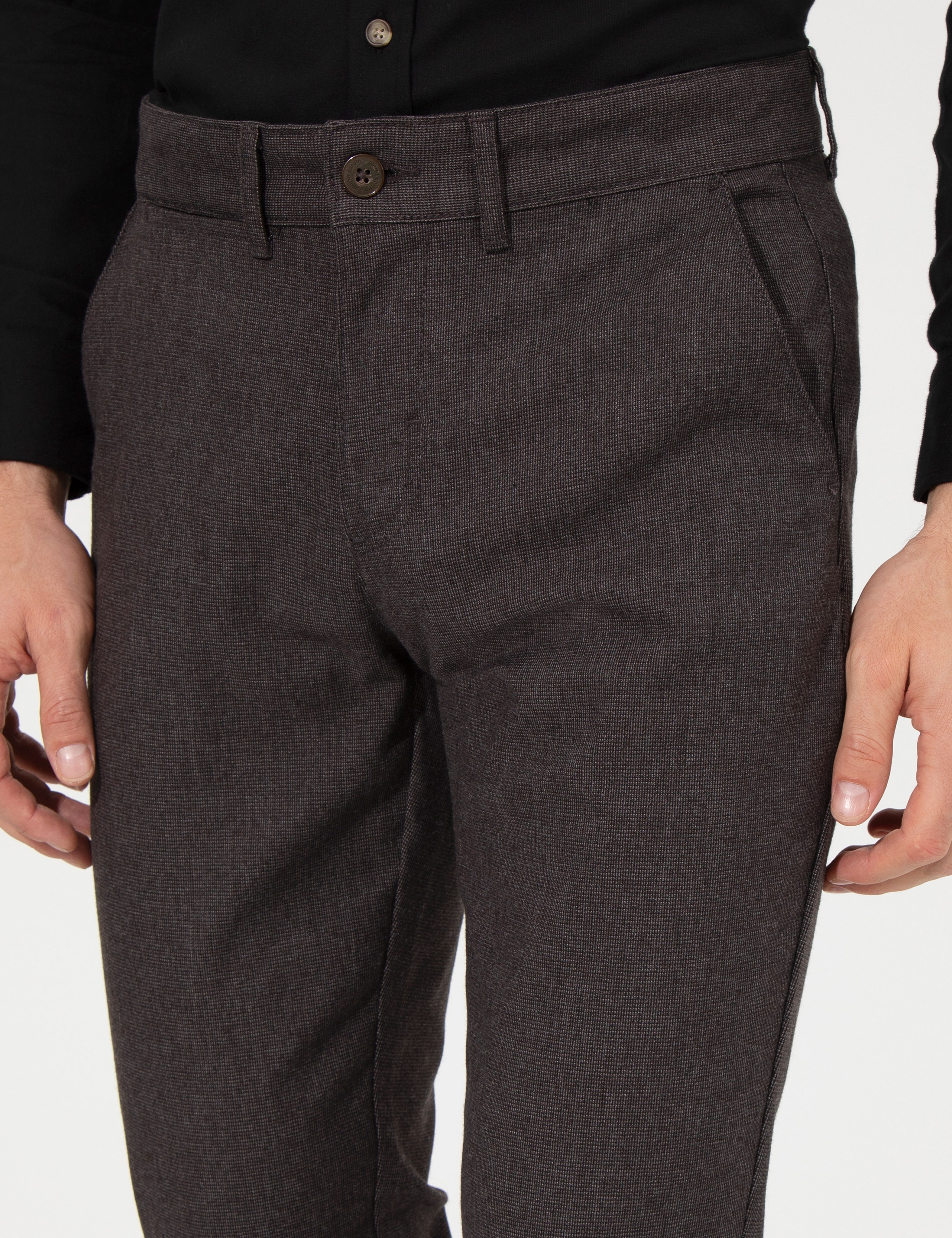 Kahverengi Slim Fit Keten Karışımlı Kanvas Pantolon