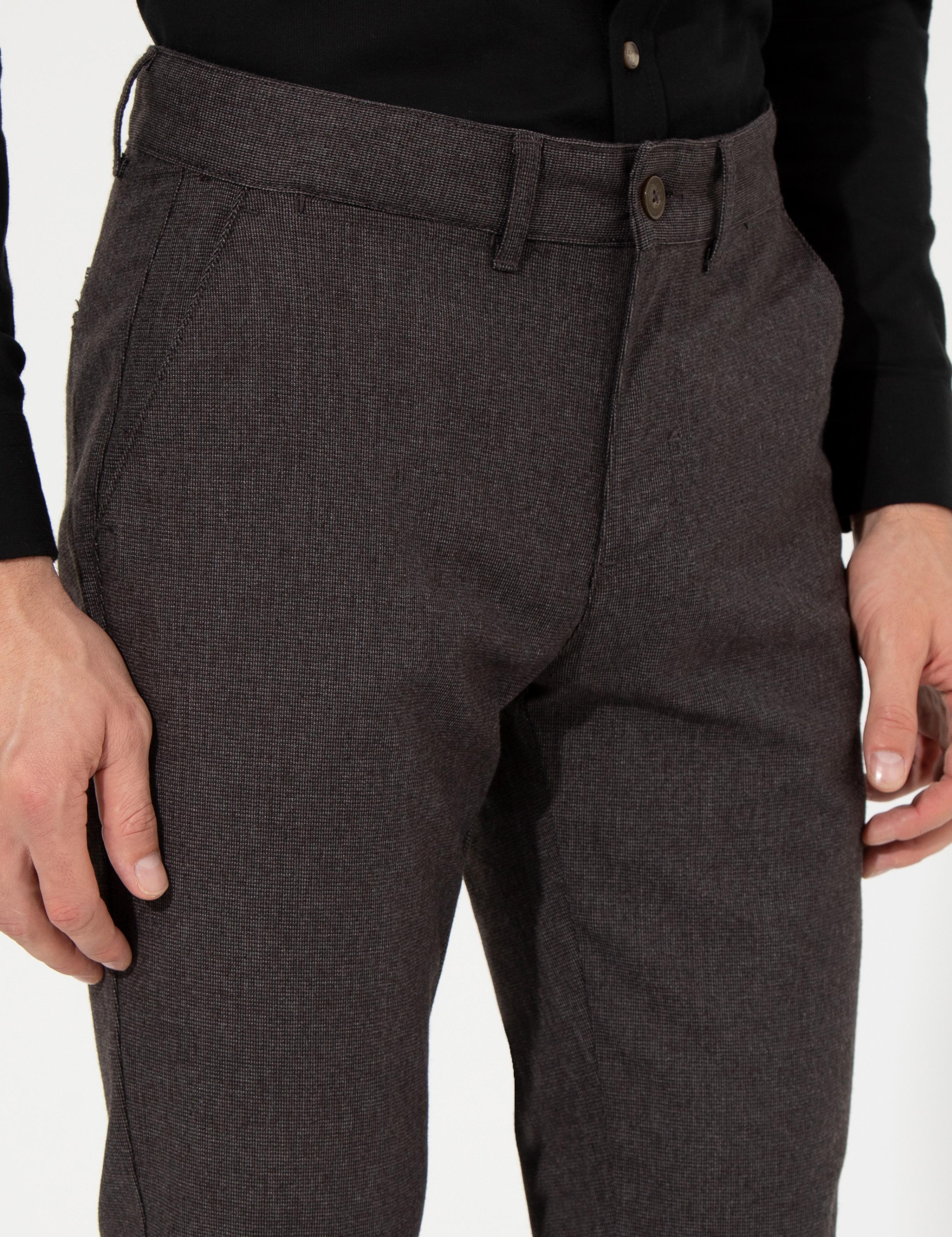 Kahverengi Slim Fit Keten Karışımlı Kanvas Pantolon