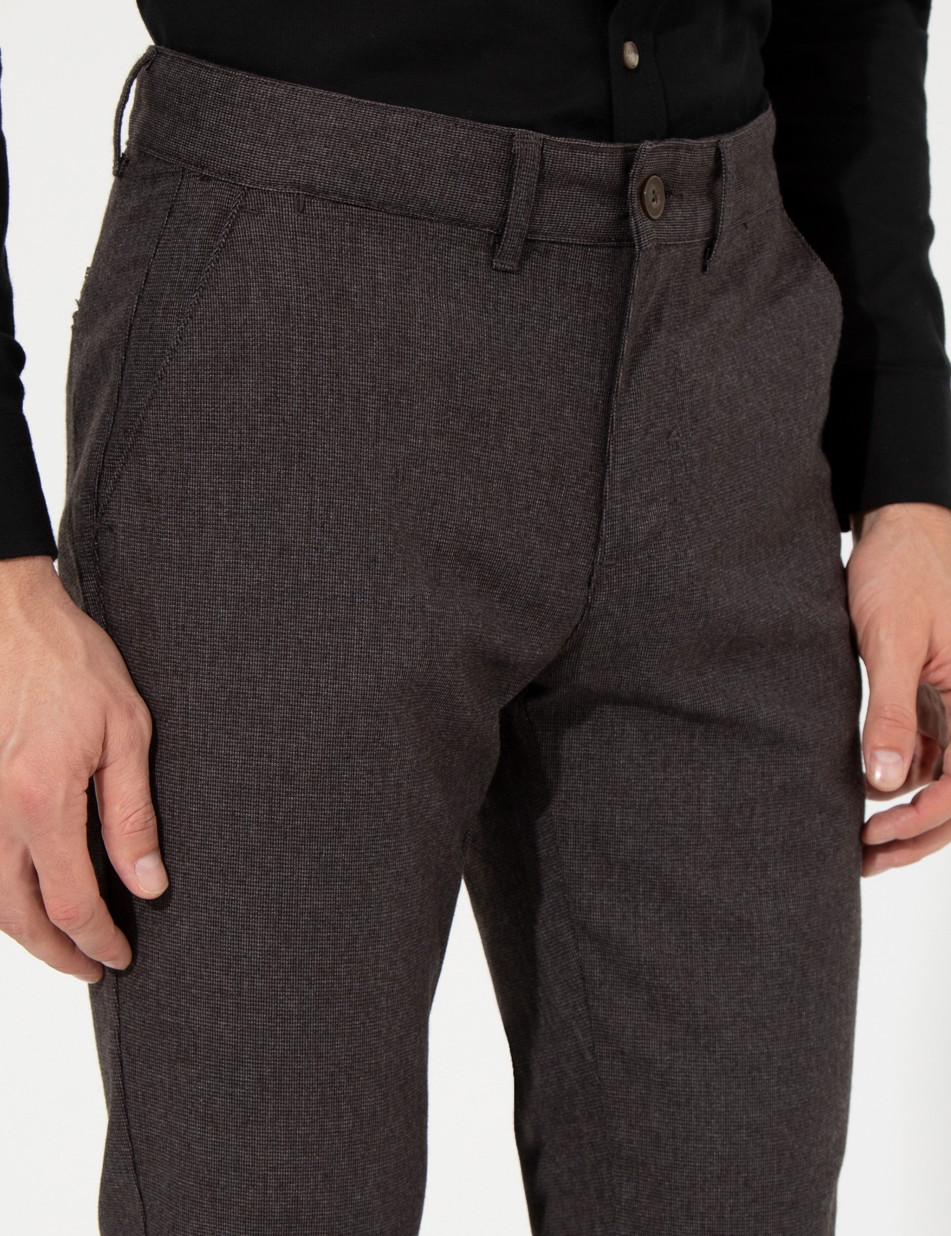 Kahverengi Slim Fit Keten Karışımlı Kanvas Pantolon