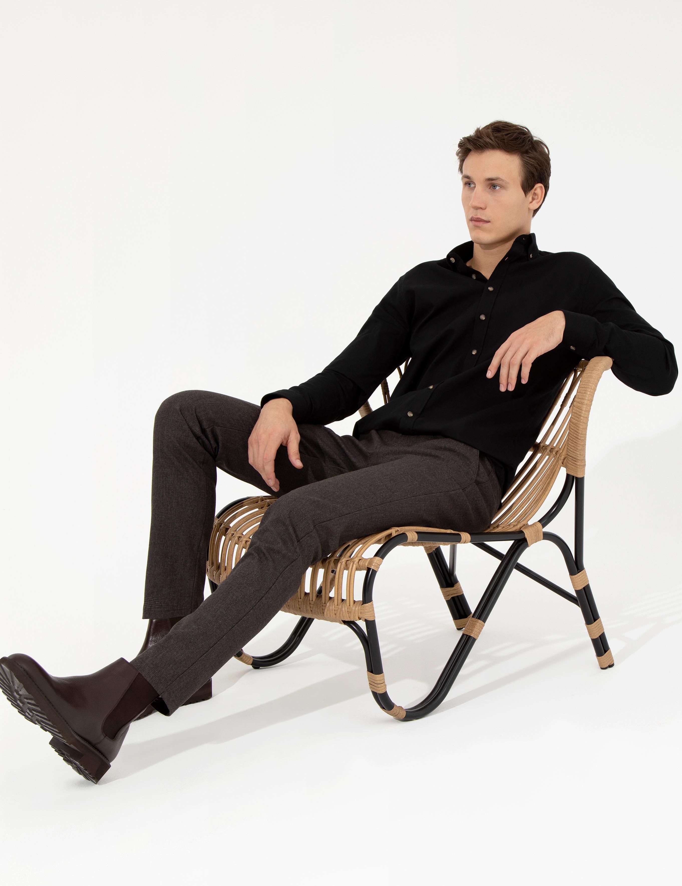 Kahverengi Slim Fit Keten Karışımlı Kanvas Pantolon