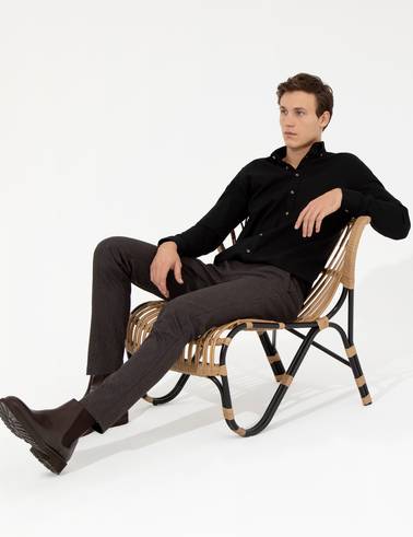 Kahverengi Slim Fit Keten Karışımlı Kanvas Pantolon