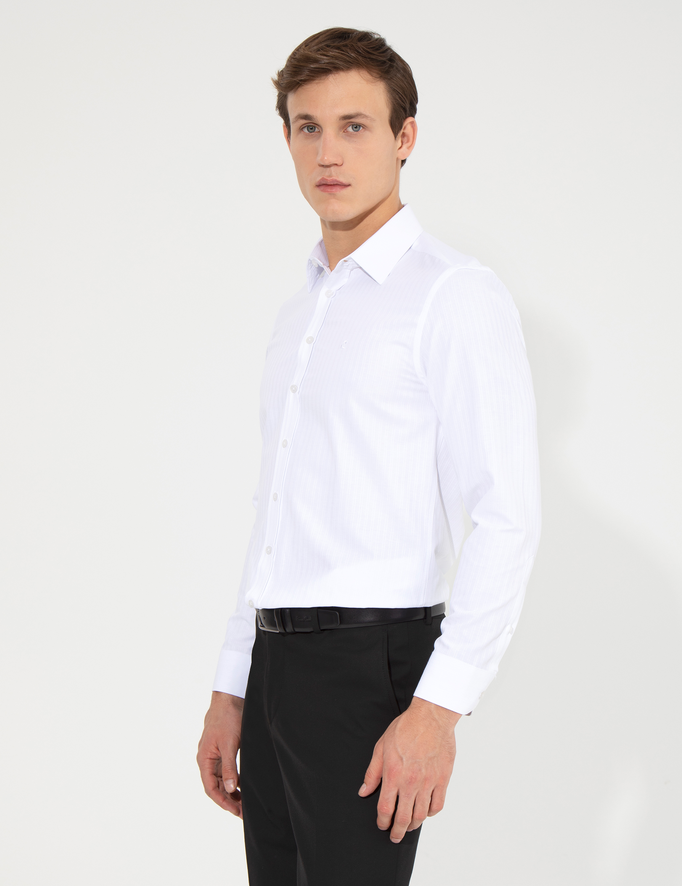 Beyaz Slim Fit Armürlü Klasik Gömlek - Image 3