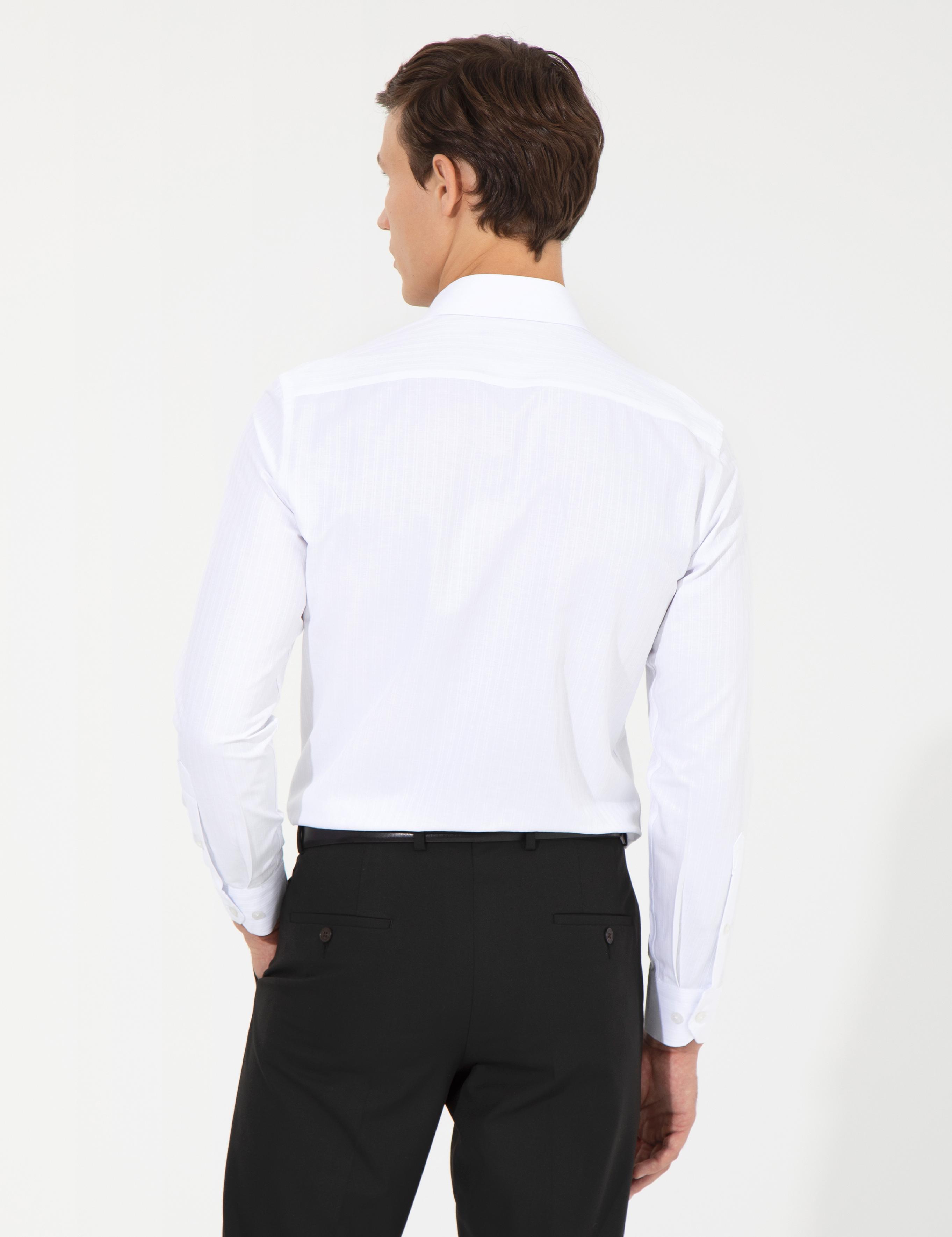 Beyaz Slim Fit Armürlü Klasik Gömlek