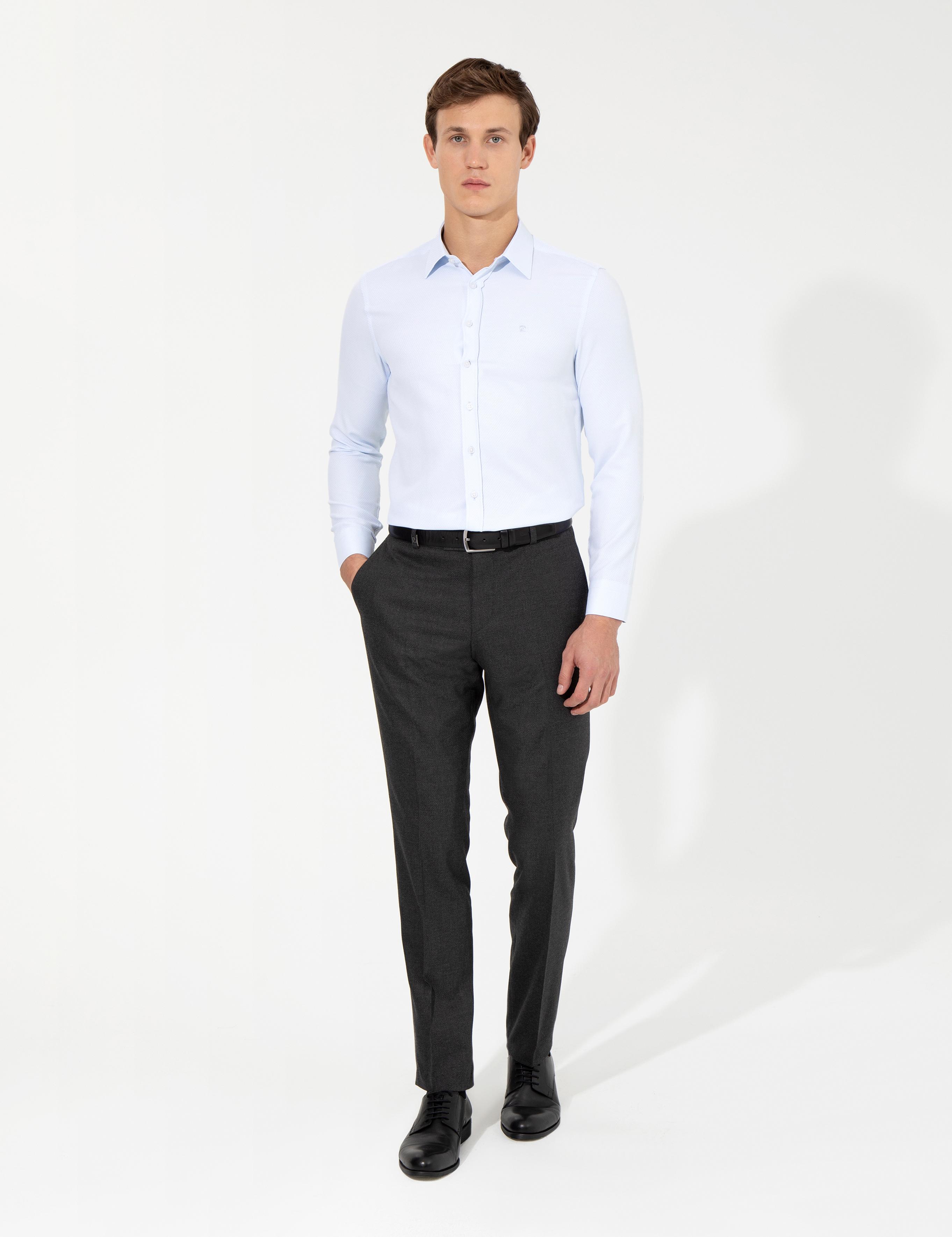 Açık Mavi Slim Fit Armürlü Uzun Kollu Gömlek