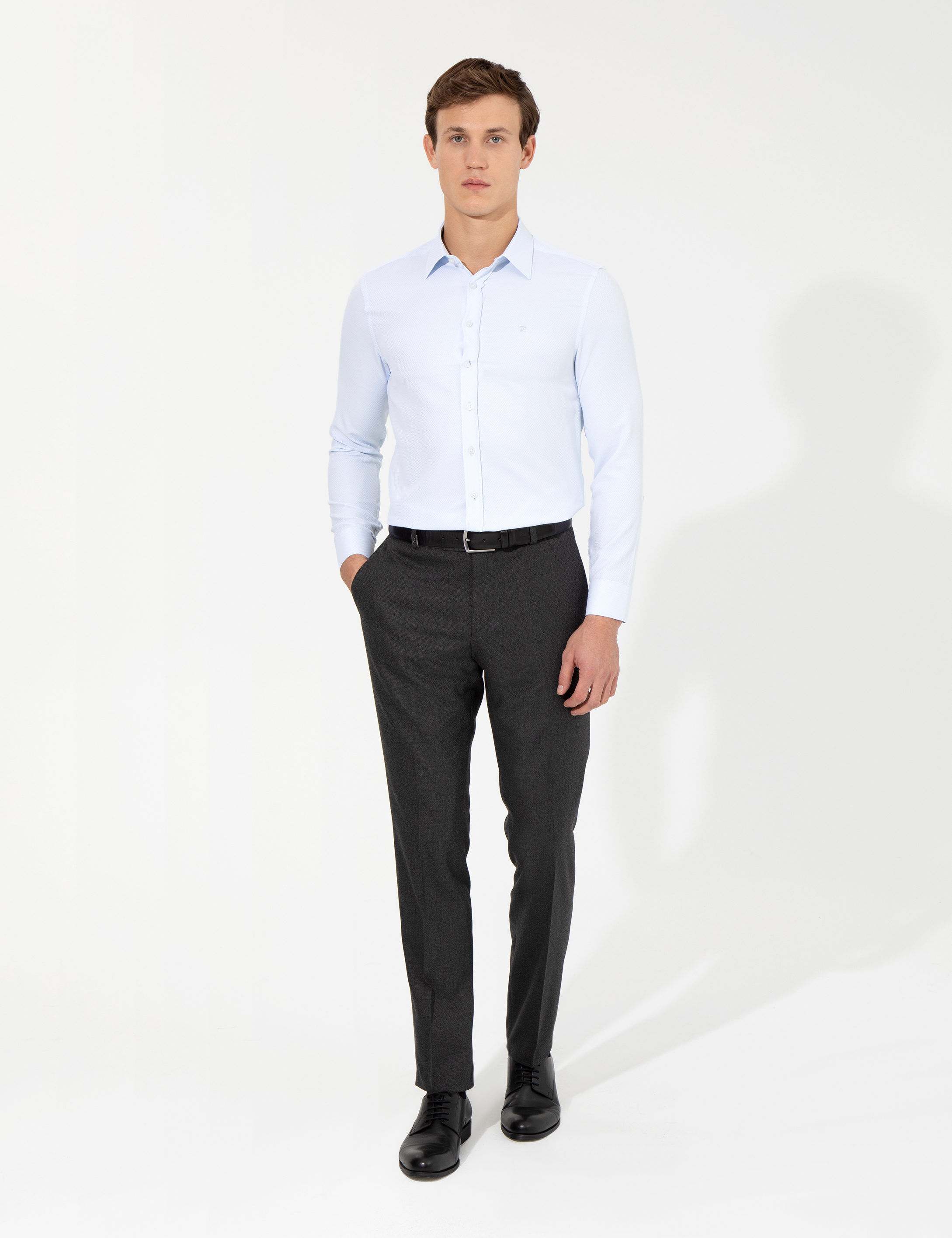 Açık Mavi Slim Fit Armürlü Uzun Kollu Gömlek - Image 4