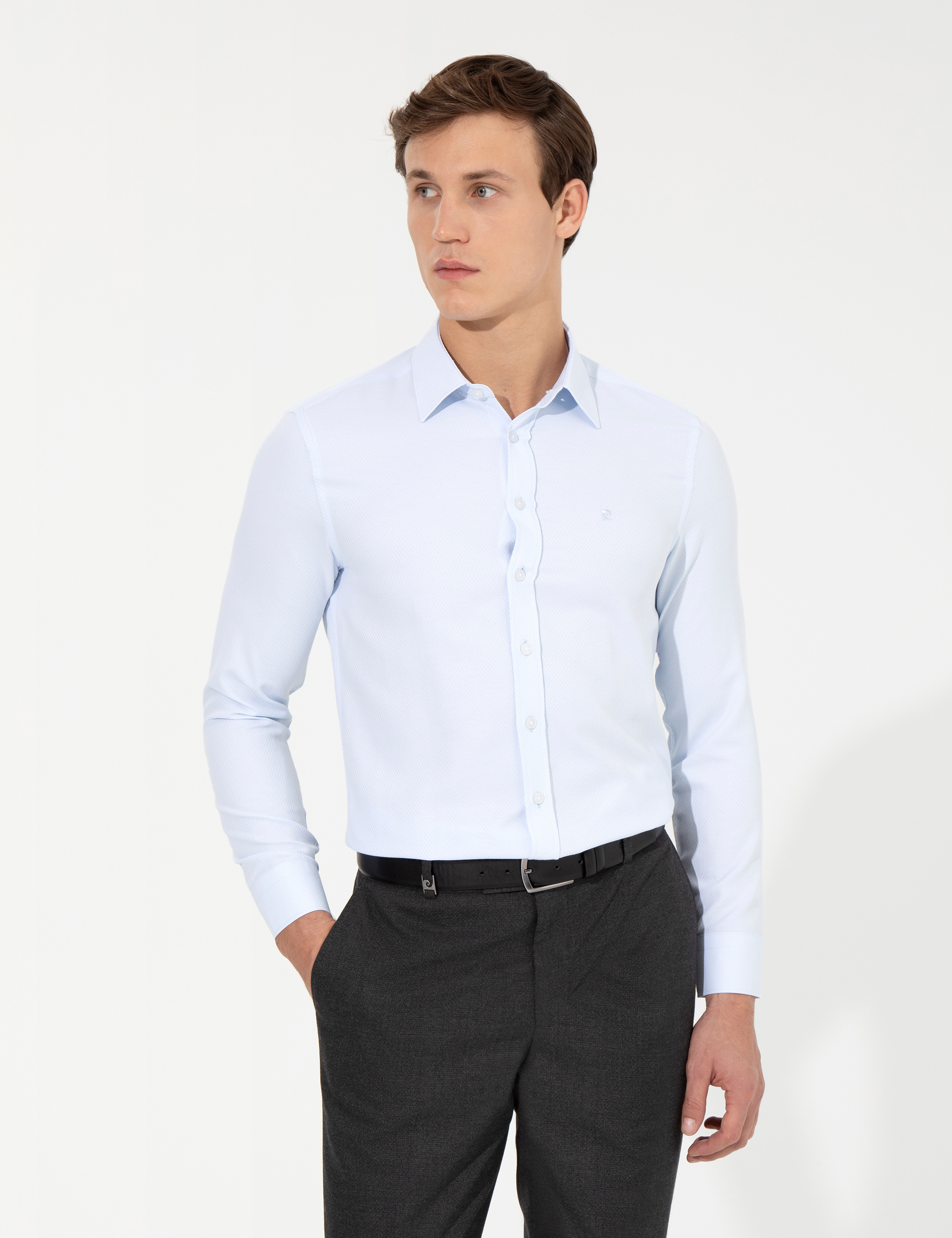 Açık Mavi Slim Fit Armürlü Uzun Kollu Gömlek - Image 1