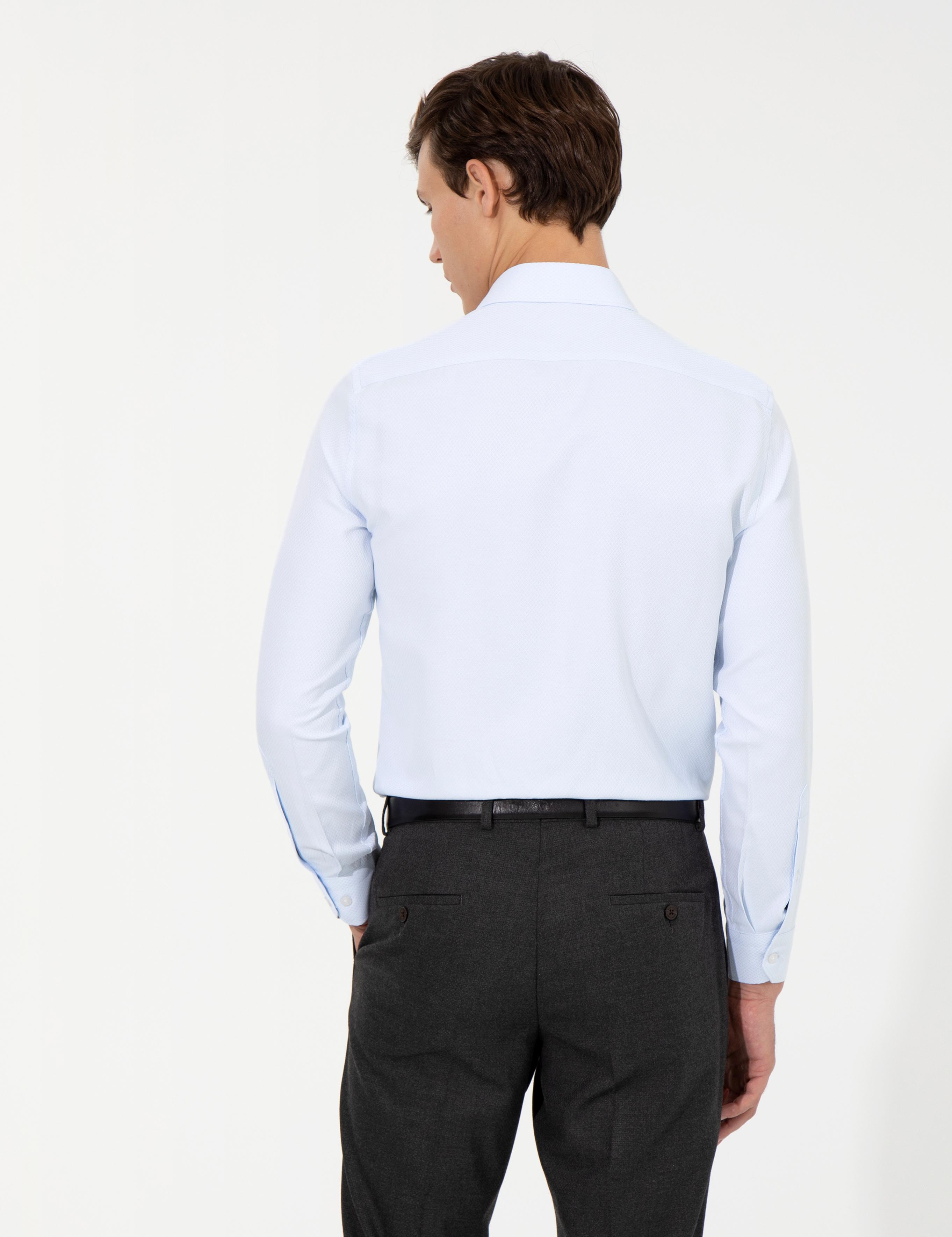 Açık Mavi Slim Fit Armürlü Uzun Kollu Gömlek