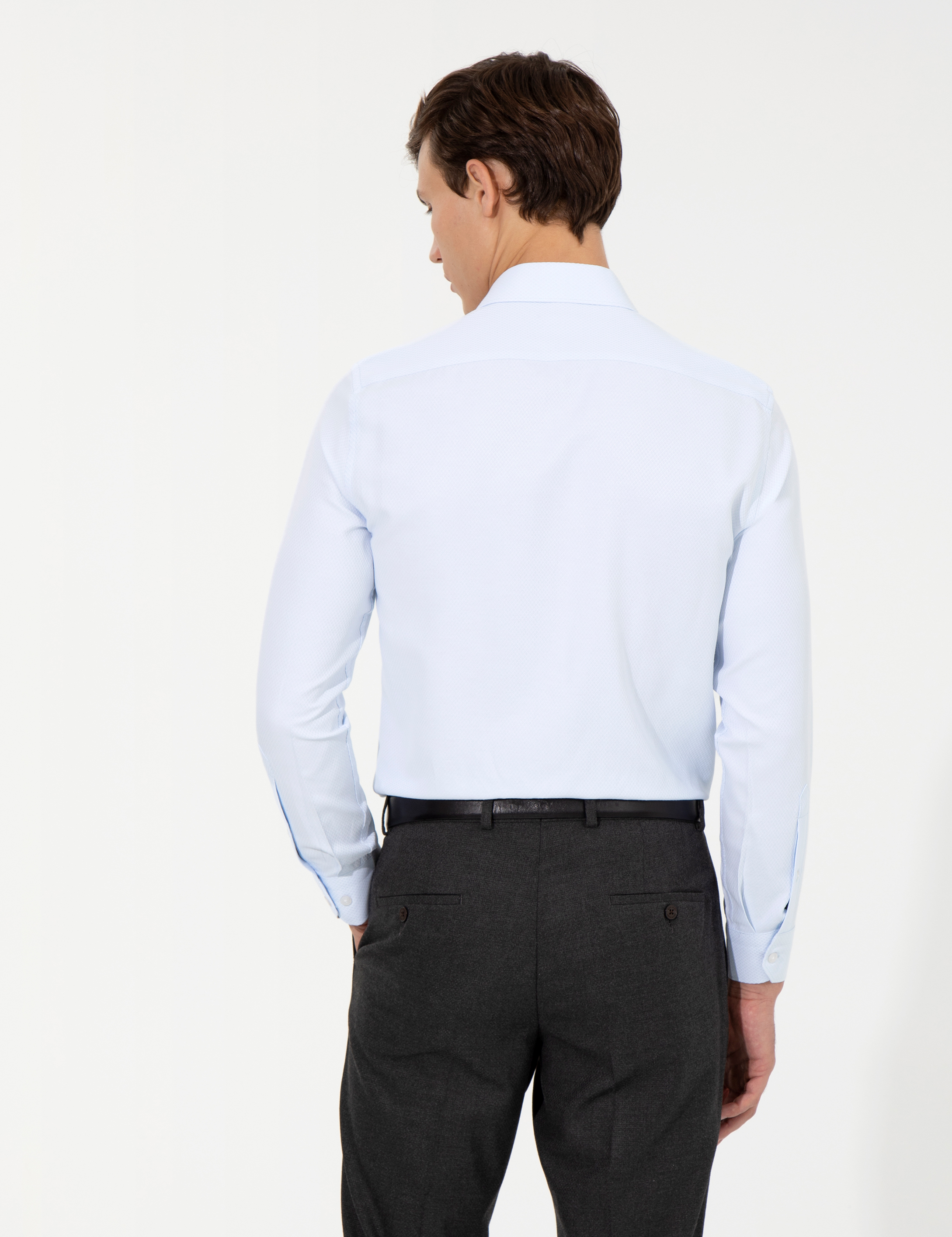 Açık Mavi Slim Fit Armürlü Uzun Kollu Gömlek - Image 5