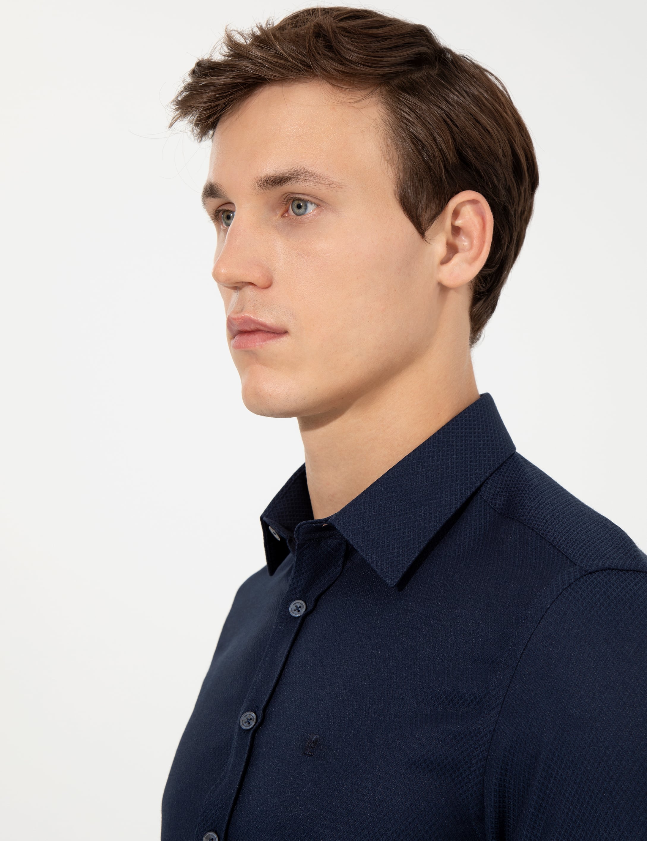Lacivert Slim Fit Armürlü Uzun Kollu Gömlek - Image 2
