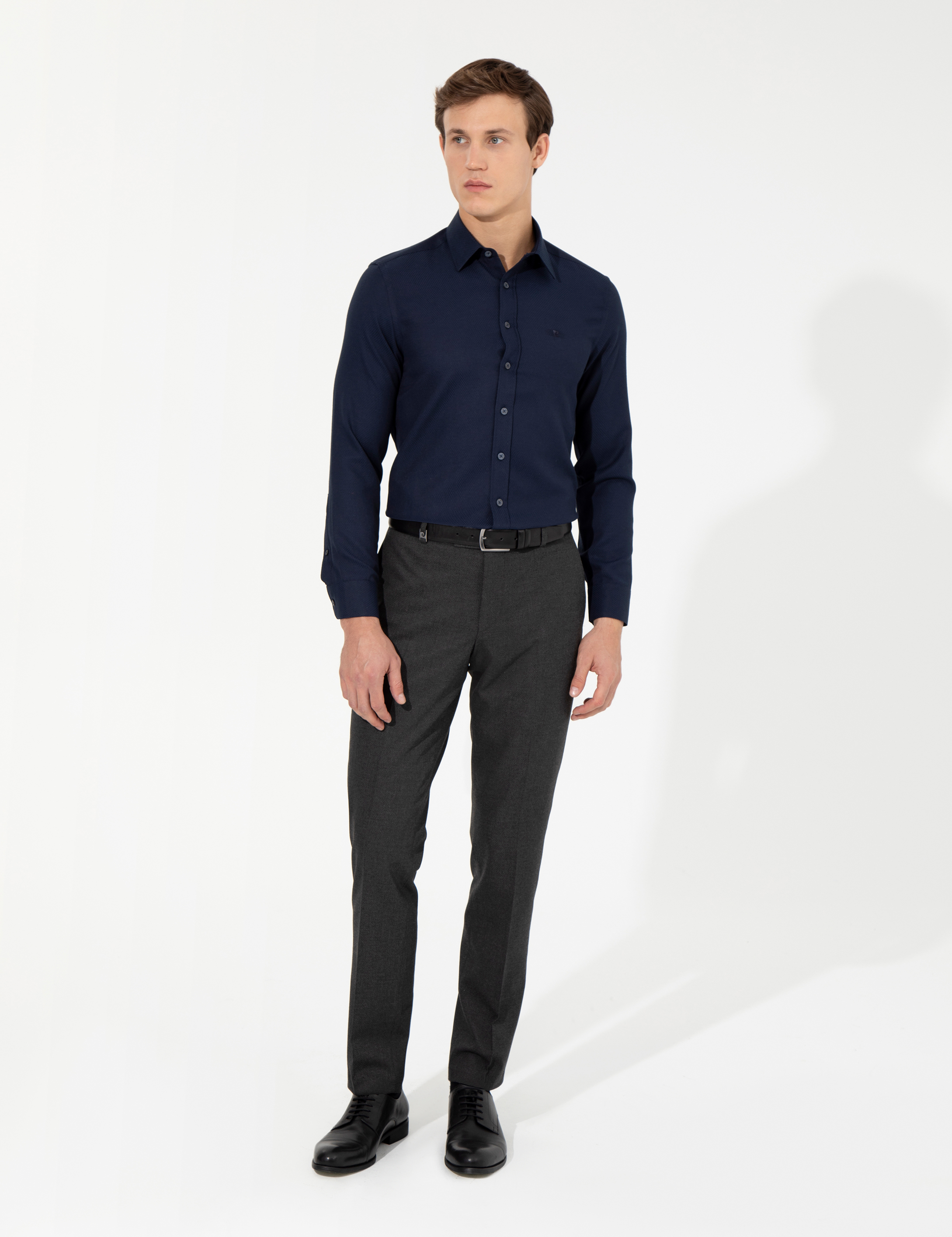 Lacivert Slim Fit Armürlü Uzun Kollu Gömlek - Image 4