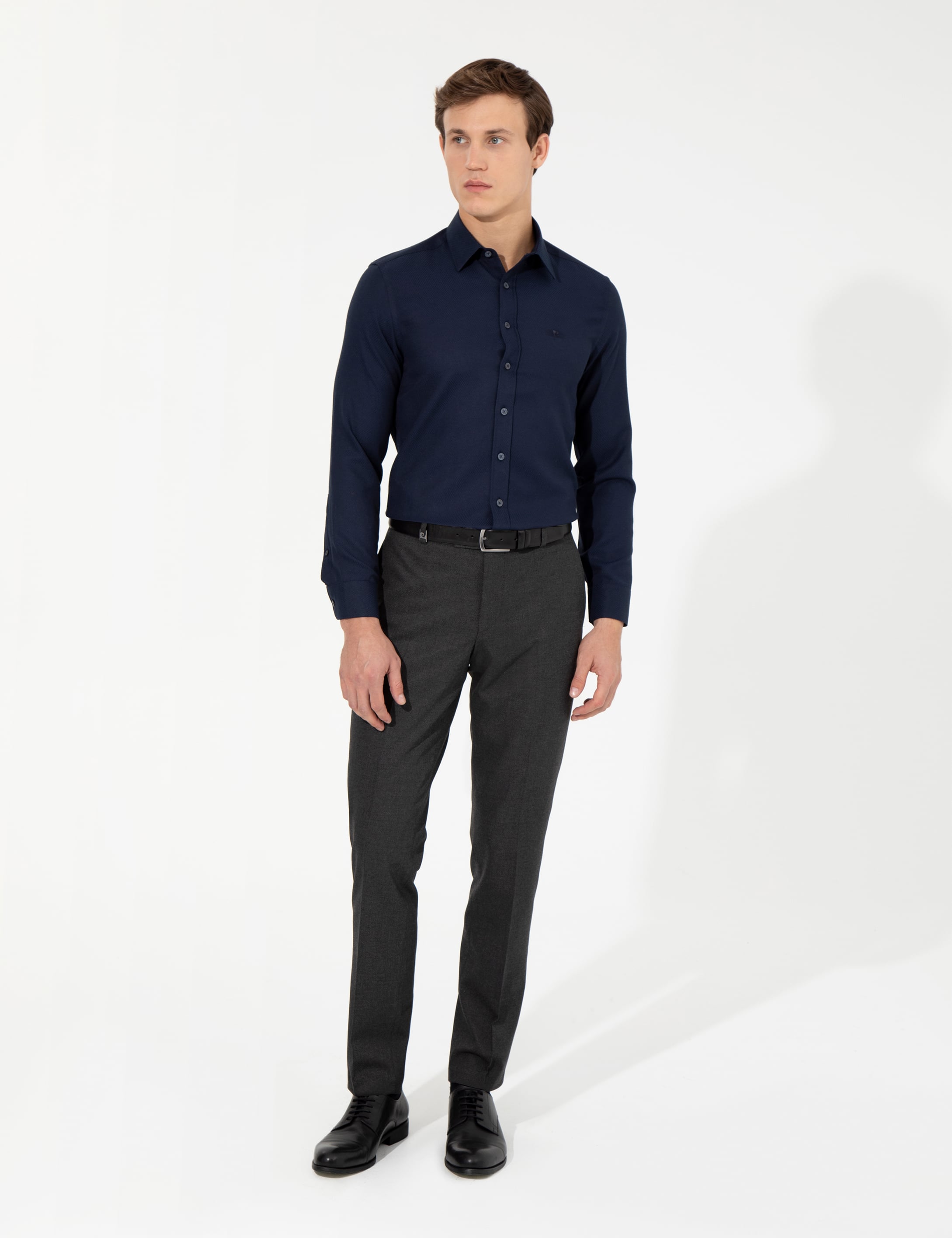 Lacivert Slim Fit Armürlü Uzun Kollu Gömlek